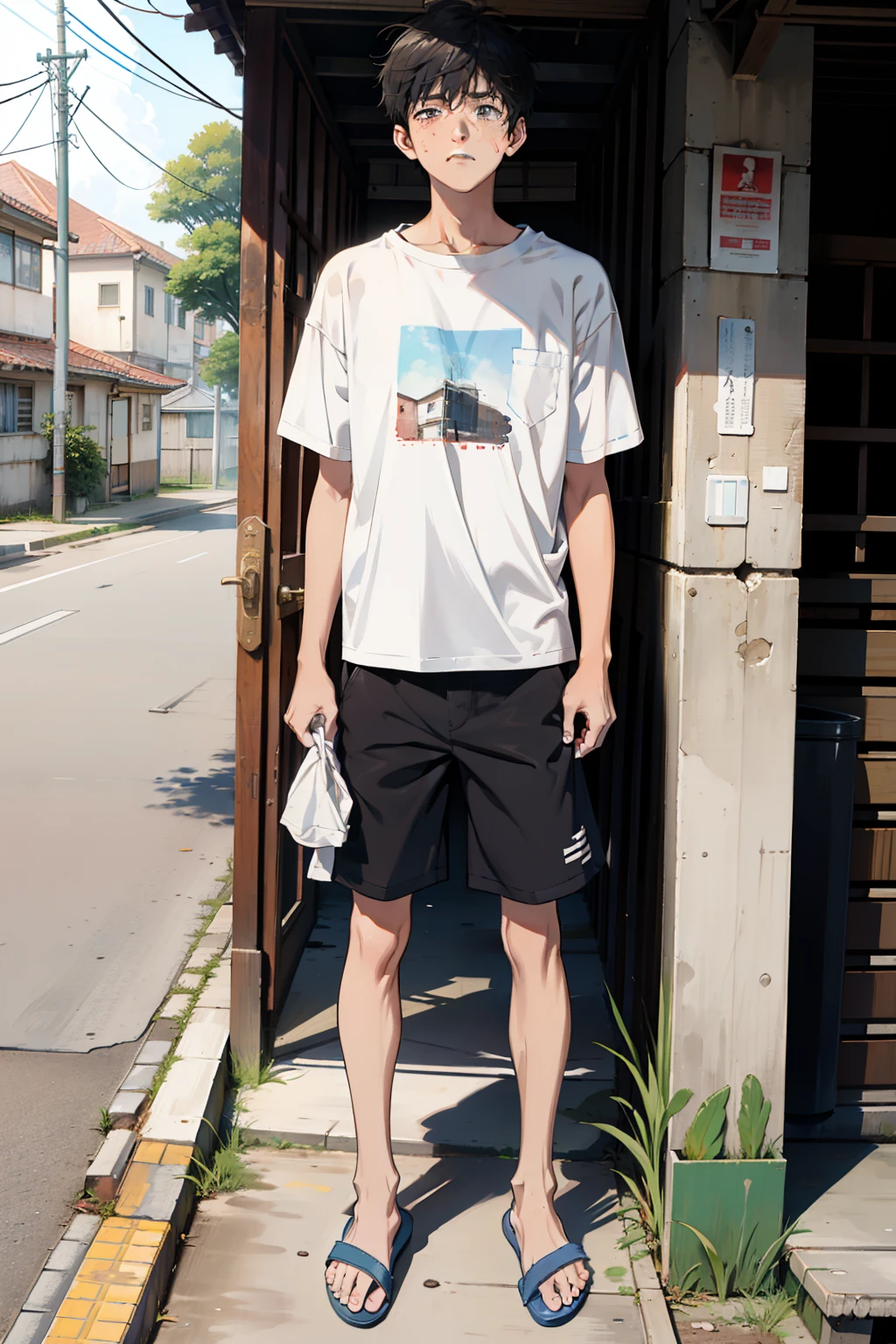 1 boy,Wear slippers,Shorts and regular T-shirts,Stand at the school gate,hair messy,Tear stains on the face,Exudes deep sadness and loss
