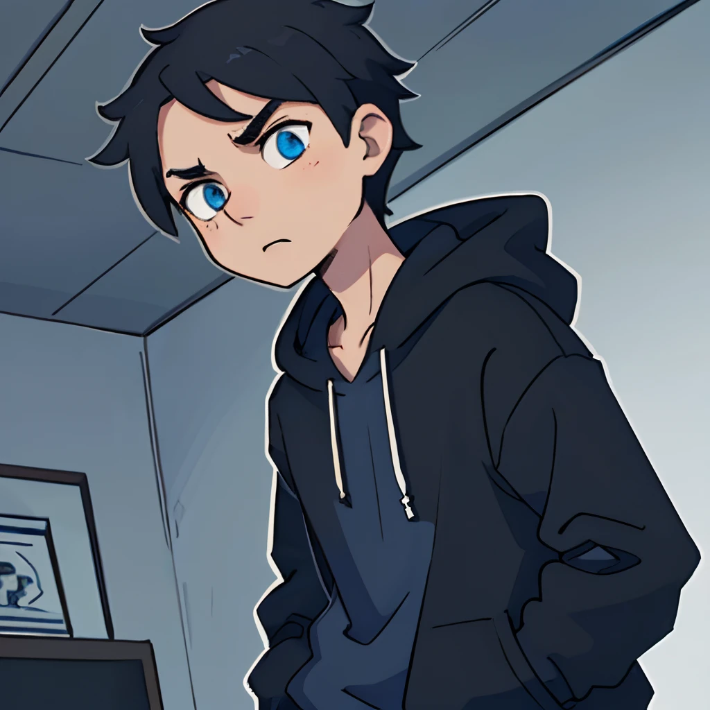 One was wearing a black sweatshirt,Boy with short black hair,Put your hands in your pockets,The expression is grim,blue color eyes,Determined gaze,Look ahead,Upper body display,The character is centered,Frontal display