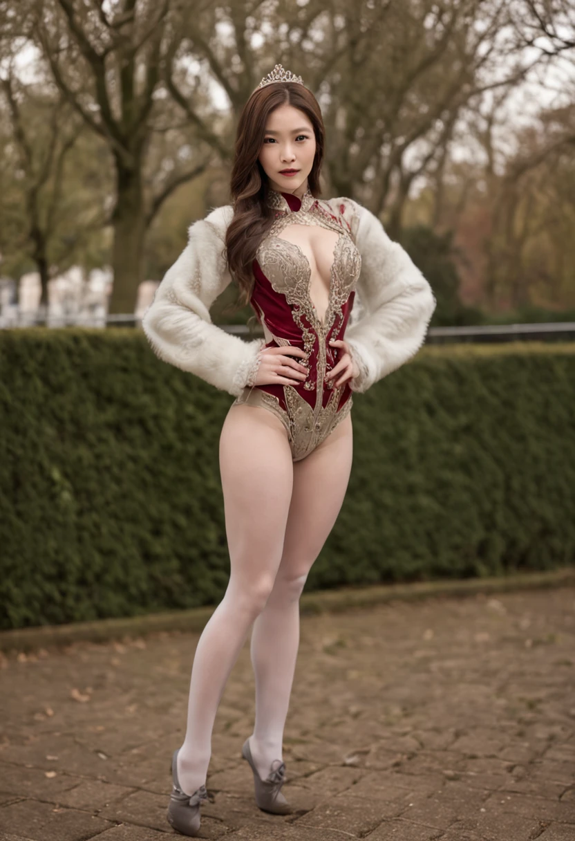 1 royal sister,Super detail,Anatomically correct,ccurate,looking down on the camera,The chest is huge,Cocked buttocks,Thick white hip pantyhose,gymnastic suit,Superskirt,Physical coordination,Photo portrait,Delicatemakeup,slender thigh,Dominant,without wearing shoes,Full body photo,(yangmi)