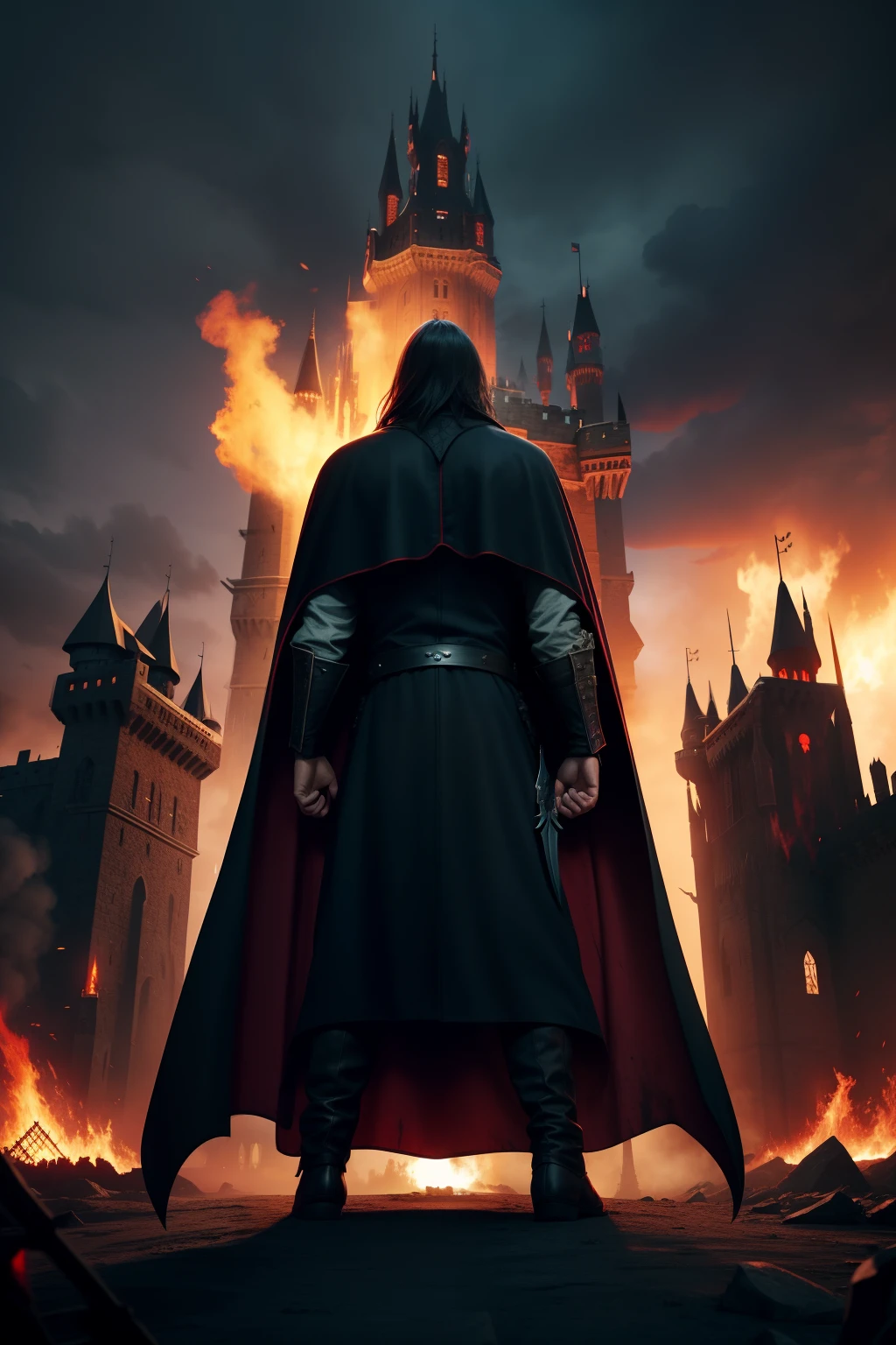 Background with:Castle,Epic,in a panoramic view,werecreature,medieval times,large scene,Western vampires,Burning teeth,Ferocious,Hands up,bellow(Red eyes 1.2),Black coat cape,Stained with blood,