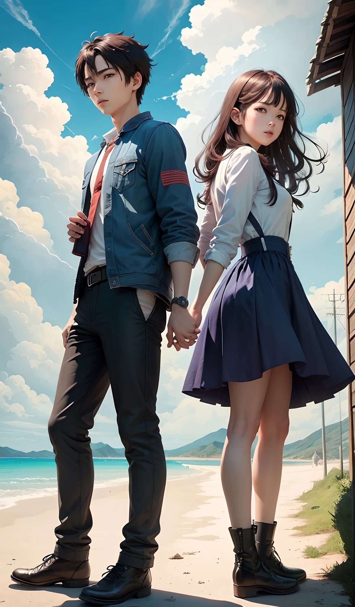 Under the blue sky，Your name，The protagonist is two people back to back