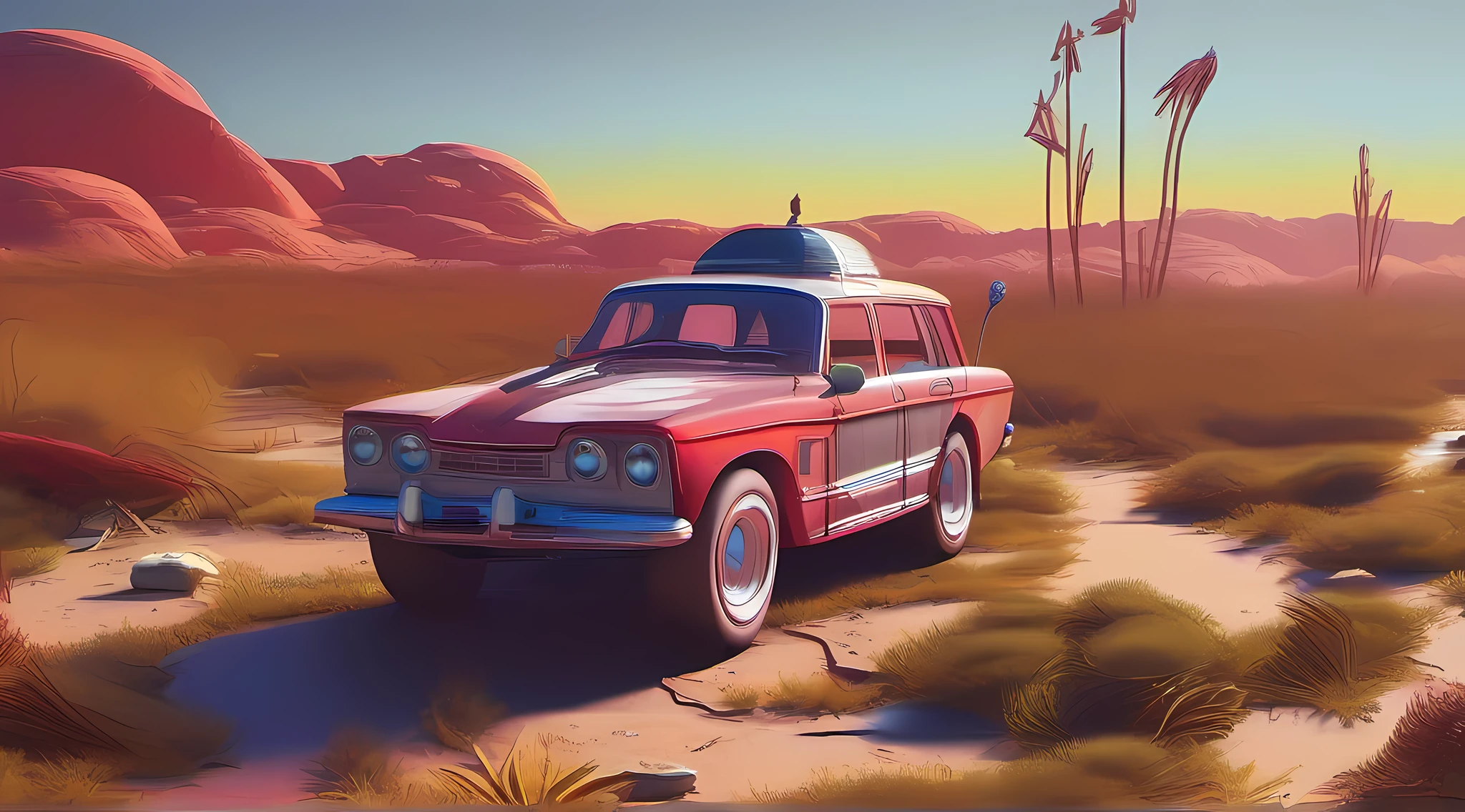 Rover no solo de um planeta com solo vermelho, creeping vegetation, pequenos insetos bioluminescentes, a yellowish mist in the environment, Planet illuminated by a binary star system, arte de fantasia, fiction awarded by specialized magazine, detalhes intrincados, 8K