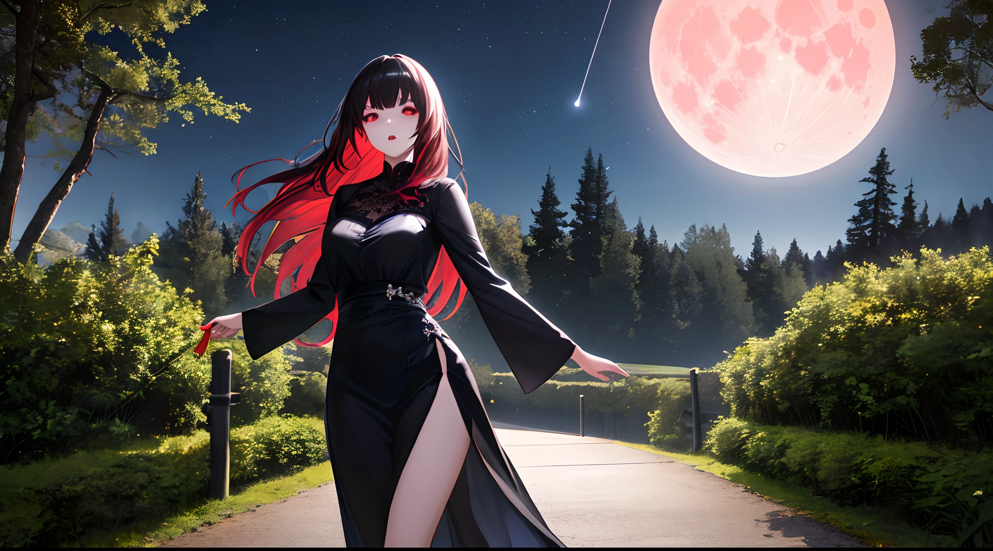 ((masterpiece, best quality, high detailed, highres, 16k, uhd)), 1girl, lost girl, scary expression, floating hair, expressive hair, long hair, black hair, red highlights, red eyes, beautiful detailed eyes, dress, (amazing background, hyper detailed, full moon glowing in the night sky, rivers, trees, cleaned path,)