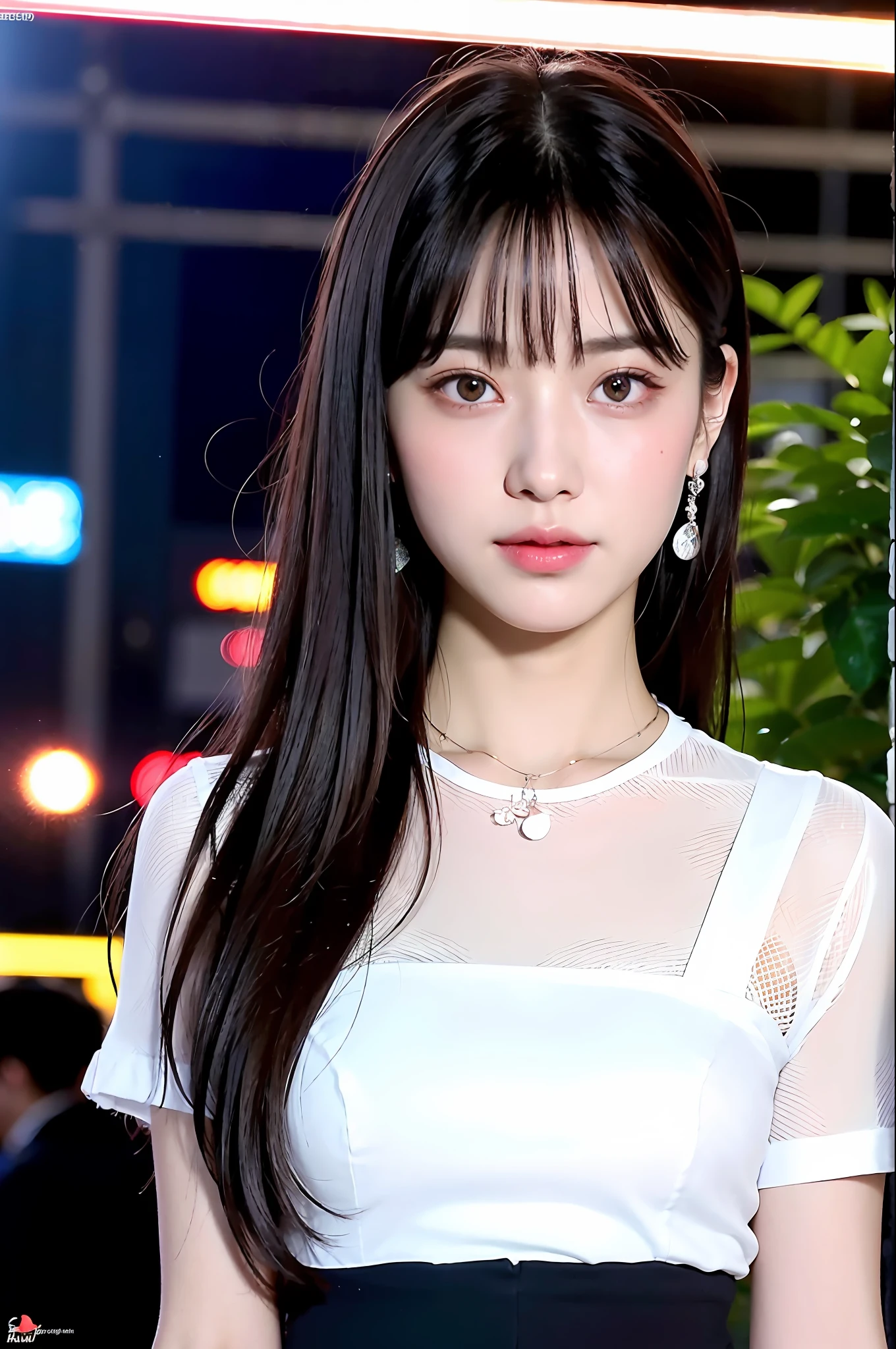 (8k, RAW photo, best quality, masterpiece:1.2), ultra detailed, ultra high res,
(realistic, photo realistic:1.37), high detail RAW color photo, professional photograph,
an extremely delicate and beautiful, extremely detailed, 8k wallpaper, Amazing, finely detail, huge file size, official art, extremely detailed CG unity 8k wallpaper,
extremely detailed beautiful girl, extremely detailed face, extremely detailed eyes, extremely detailed skin, extremely detailed fingers, extremely detailed nose, extremely detailed mouth,  perfect anatomy, highly detailed background, extremely detailed clothing,
1girl, (18 years old:1.2), age, cute girl, famous japanese idol, kawaii,
(small breasts:1.2), realistic body, petite,
fair skin, shiny skin, slender body, good figure,
black hair, long straight hair, (blunt bangs:1.2),
smile, cute, young, cute face, baby face, realistic face,
beautifully detailed eyes, drooping eyes, beautiful big eyes, large dark eyes, beautiful and clear eyes,
(white dress:1.2), short sleeves, skirt, necklace, earrings,
looking at viewer, cowboy shot, front view, standing posture, contrapposto,
outdoors, (night:1.2), neon city, neon light, neon sign, public, crowd,
dynamic lighting, front lighting,