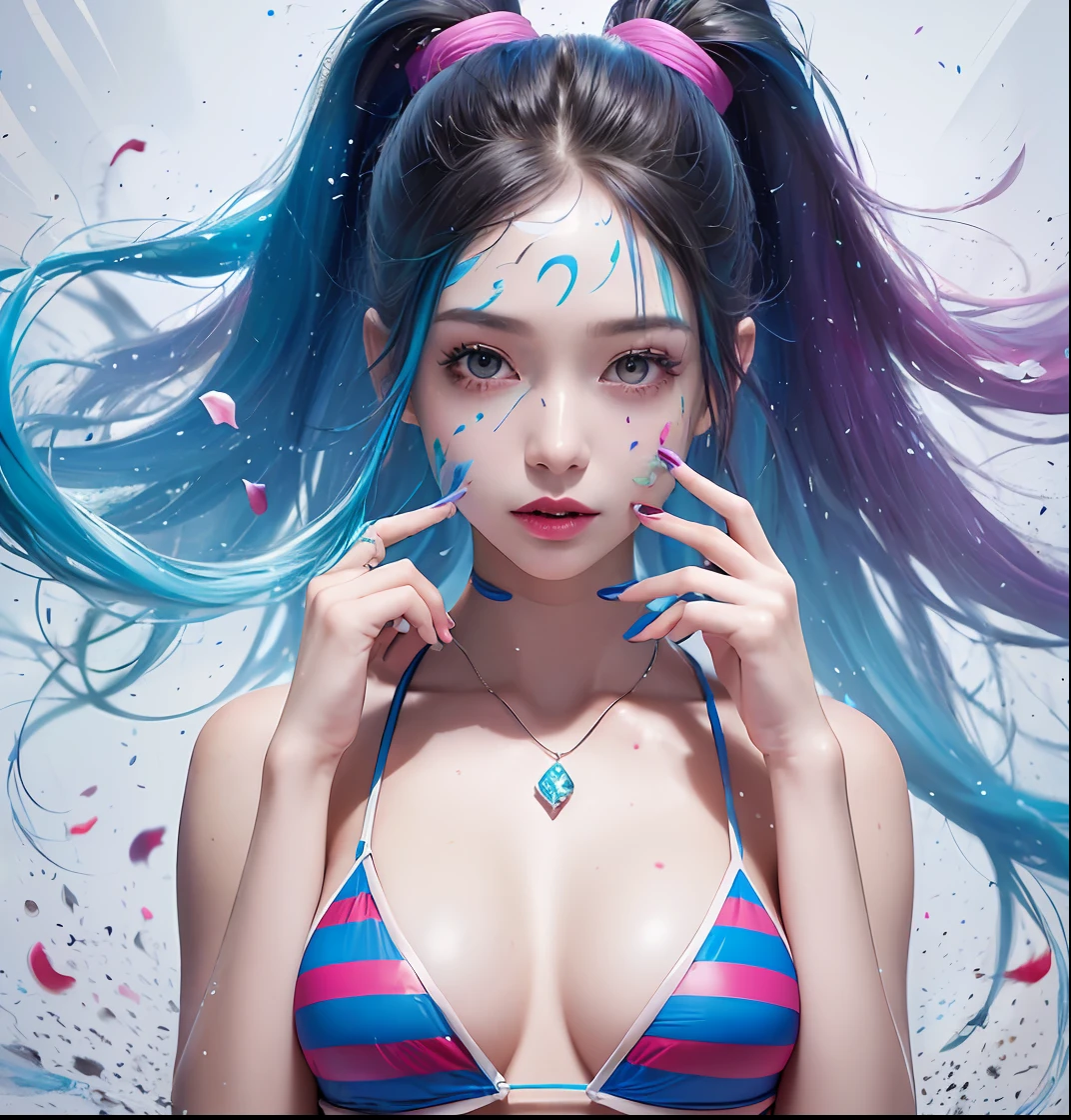 Full body portrait, standing, (colorful fashion ultra-small mini bikini: 1.9), (colorful hair: 1.8), (all colors of the rainbow: 1.8), (vertical: 1.6))), (painting, painting, portrait), cartoon, illustration, painting, large, crystal clear eyes, (rainbow gradient high ponytail: 1.7), exquisite makeup, mouth closed, (small fresh(1.5), (Big: 1.6), long eyelashes, looking at the audience, big watery eyes, (iridescent hair: 1.6), color splash, (solo, :1.8), color splash, color explosion, thick paint style, messy lines, ((sparkling)), (colorful), (colorful), colorful, colorful, chic paint style, (splash) (color splash), vertical painting, upper body, paint splash, acrylic pigment, gradient, paint, best quality, best quality, masterpiece, , solo, , depth of field, face paint, colorful clothing, (elegantly: 1.2), gorgeous,long hair, wind, (elegantly: 1.3), (petals: 1.4), (Masterpiece,)))), (highest quality)))), (( ( Ultra detailed)), ( Illustration), (Dynamic Angle), (((Floating)), (Paint), (disheveled hair)), (Solo,), (1 girl), (Detail anima face))), (((Beautiful Detail Face)), Collared, Bare shoulders, Gray hair, (((Colorful hair)), ((Striped hair)), Beautiful Detailed Eyes, (Gradient Color Eyes), (Colorful Eyes)), ( High saturation)))), (((surrounded by colorful splashes))),