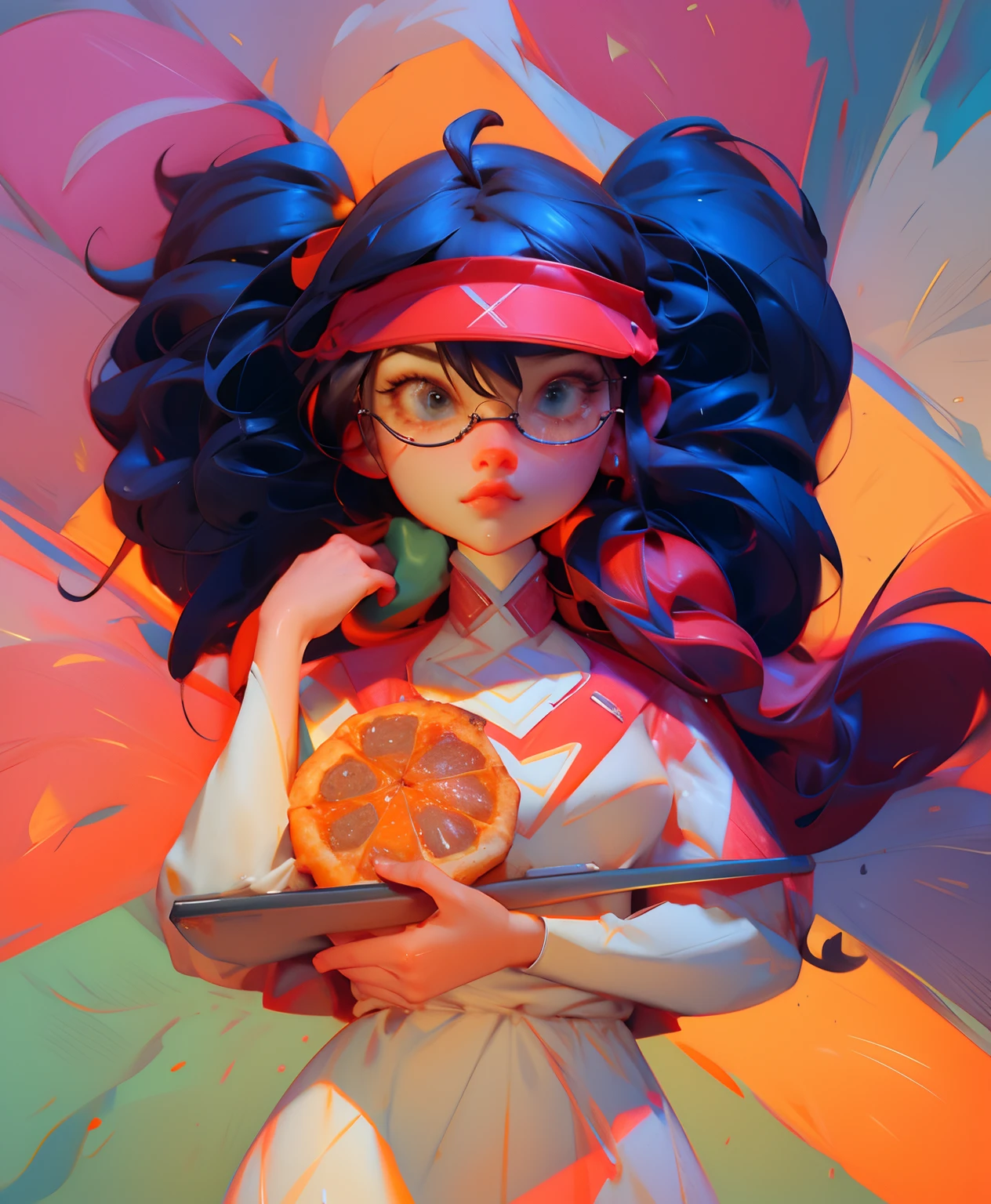 "Filtros, Dynamic and Cinematic Lighting, beleza deslumbrante."garota segurando uma pizza, decote profundo, Sfw, segundo uma caixa de pizza, eyeglass, Cap without top part, cabelo Chiquinha.