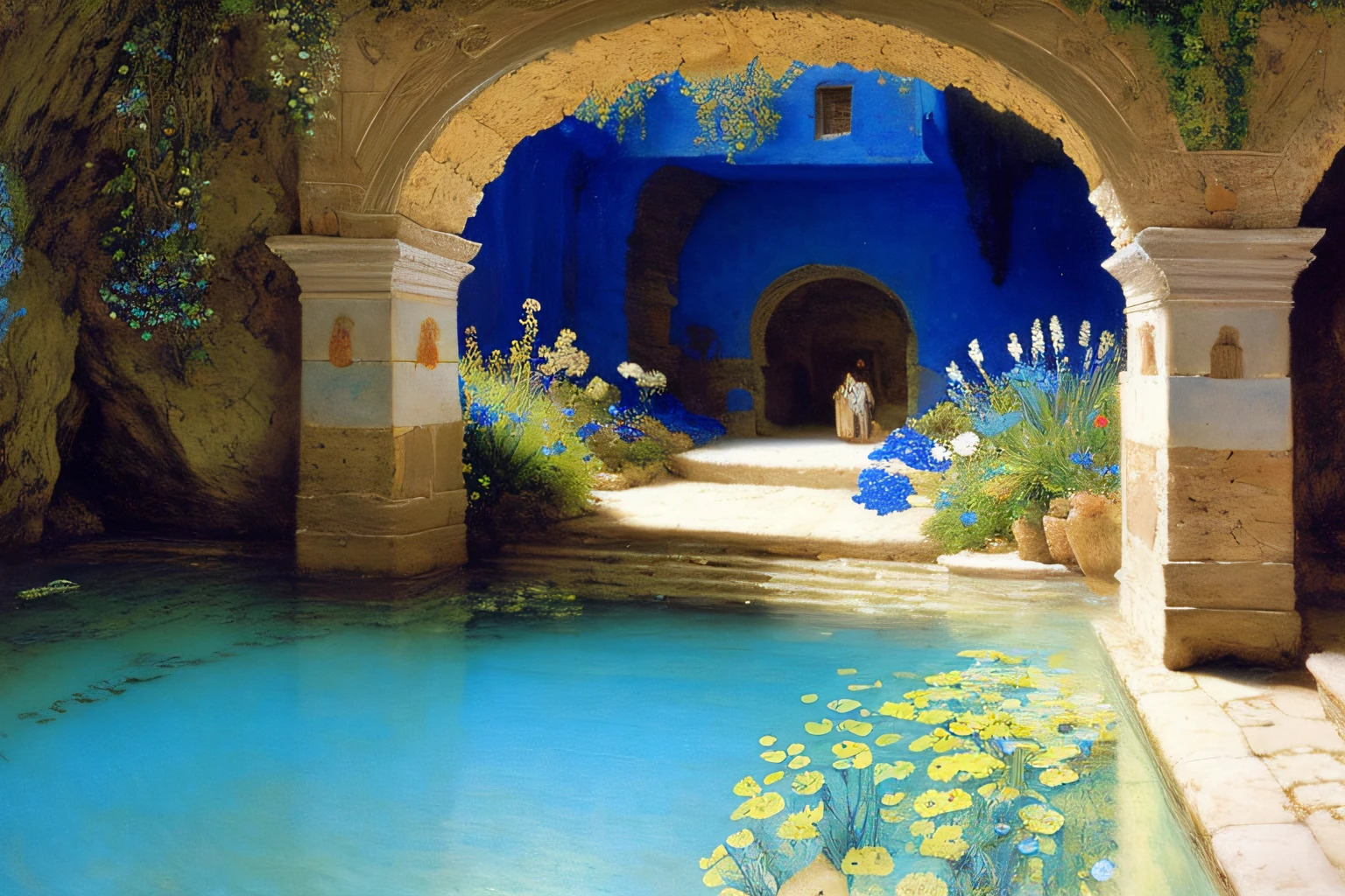 Inner cave, Cobalt Blue Ocean, fleurs, Village Alma Tadema