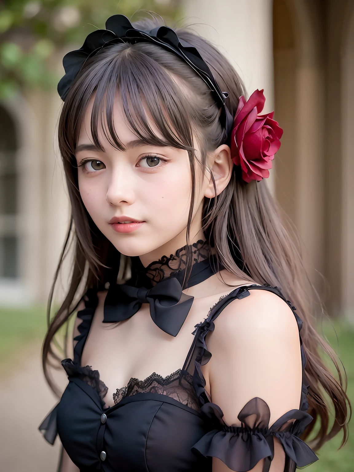 (gothic ta fashion), elegant frills, professional lighting, (realistic, photo-realistic:1.37), incredibly absurdres, (insanely detailed:1.3), 8k, (masterpiece), (best quality:1.4), (ultra high res:1.2), (RAW photo:1.2), (a dress with delicate lace, soft fabric, and a beautiful rose pattern)