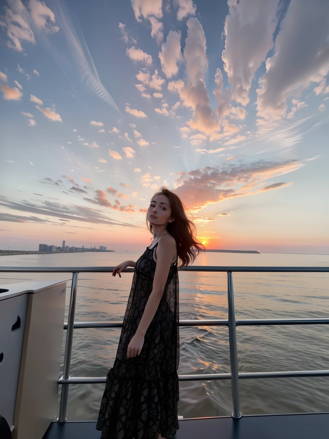 An Arad woman in a dress stands on a boat looking out at the water, With sunset, at a beautiful sunset, with a sunset, sunset and big clouds behind her, vibrant sky, at the sunset, late sunset, taken with canon eos 5 d mark iv, In the sunset, At sunrise, late sunset, At sunset, taken with sony alpha 9