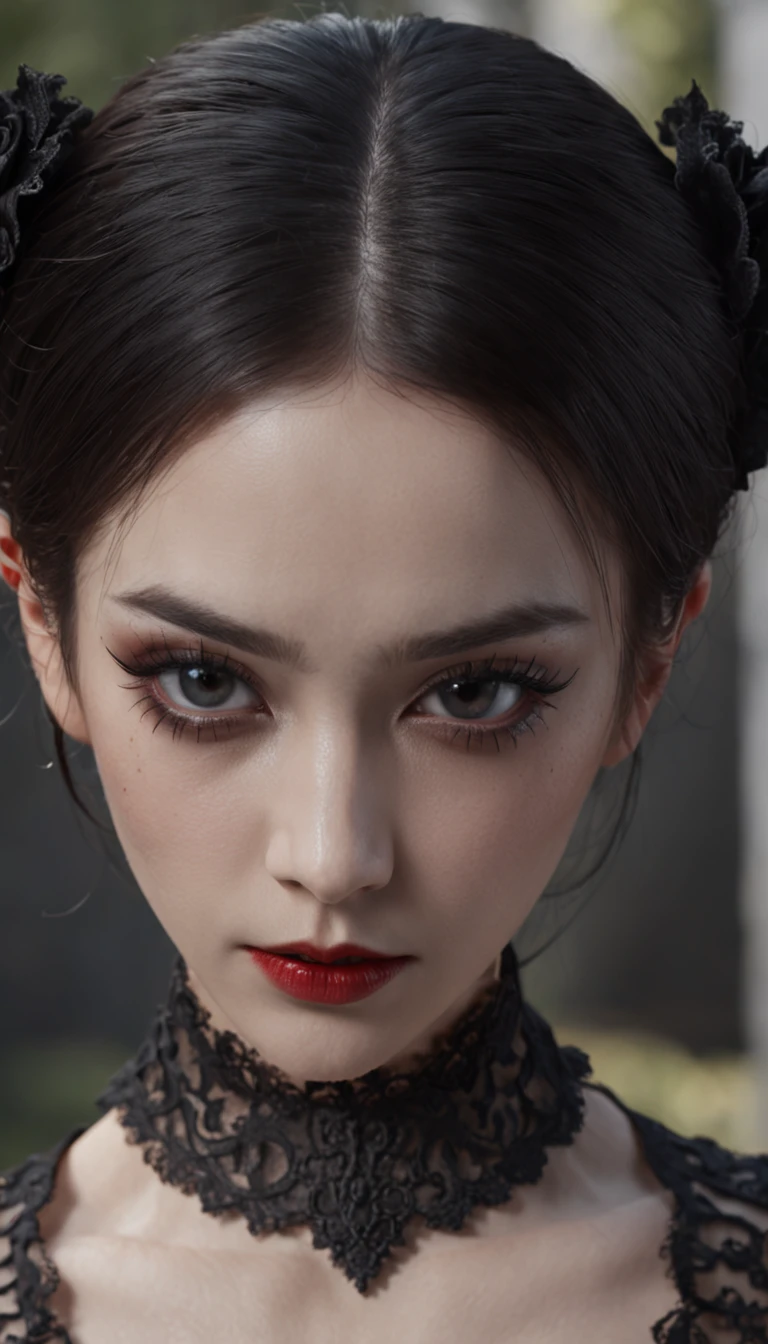 Masterpiece, best quality, 1 girl, solo, natural skin texture, realistic black eyes and facial details :5),(Dark :1. 4), deep shadows, extremely detailed beauty, detailed eyes and face, sharp black eyes, red lipstick, no black eyeliner, detailed Goth costume, ponytail, black hair, Nikon d850 film, surreal, authentic textures, dramatic, lighting, Unreal Engine, (facial clarity :1). 5), (transparent clothes :1); 1) Gothic style, black lace, tattoo