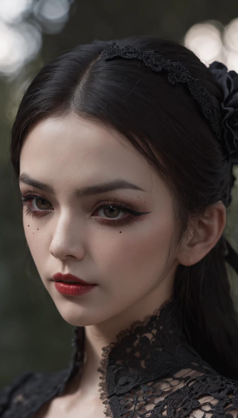 Masterpiece, best quality, 1 girl, solo, natural skin texture, realistic black eyes and facial details :5),(Dark :1. 4), deep shadows, extremely detailed beauty, detailed eyes and face, sharp black eyes, red lipstick, no black eyeliner, detailed Goth costume, ponytail, black hair, Nikon d850 film, surreal, authentic textures, dramatic, lighting, Unreal Engine, (facial clarity :1). 5), (transparent clothes :1); 1) Gothic style, black lace, tattoo