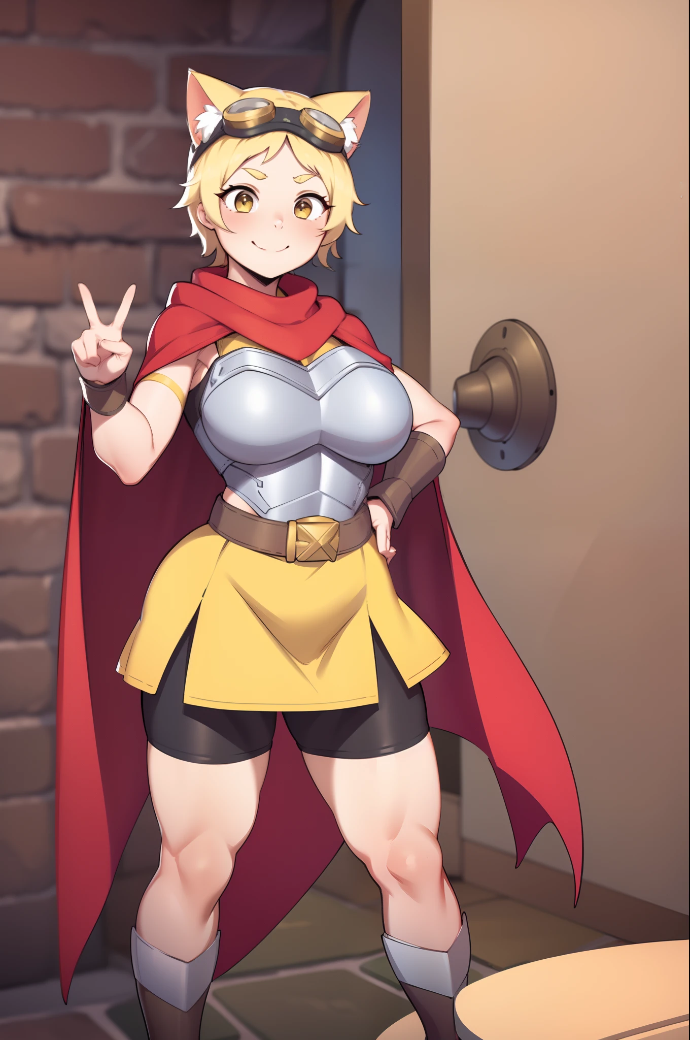 1girl, iron breastplate, short sleeves, white dress skirt, red cape, black leggings, cat ear hat, goggles, blond hair, short hair, yellow belt, tail growing teru, young girl, cute smile, high quality,huge breast, curvy