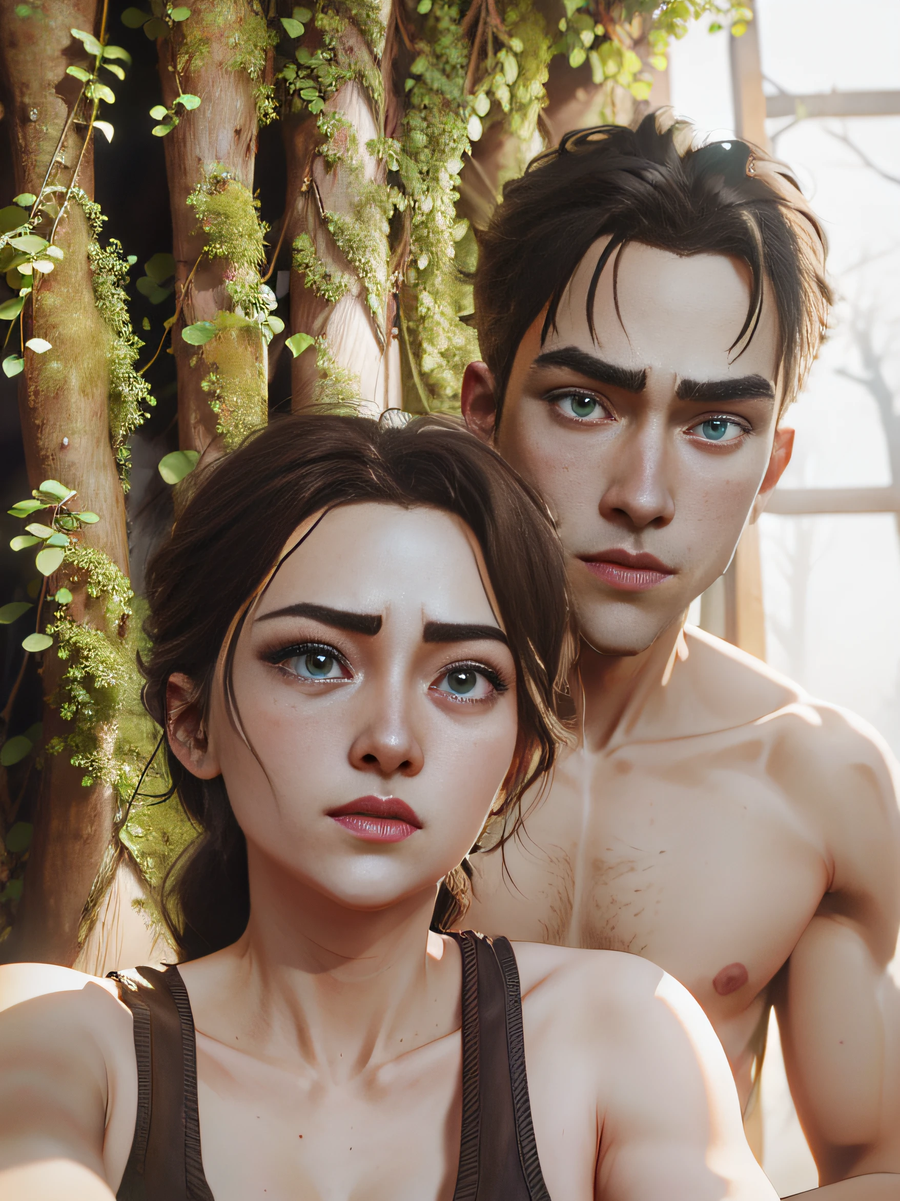 Bible Stories、(((Adam and Eve)))、(((adam has short hair)))、Shirtless back view、(((a closeup)))、(((Jew)))、in beautiful woods、high-detail、high-level image quality、masuter piece、