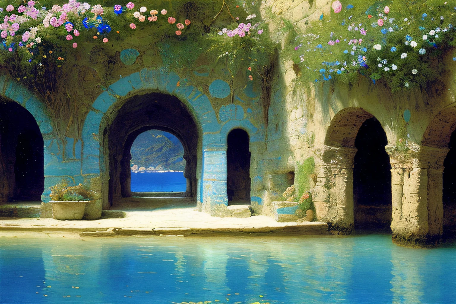 Inner cave, Cobalt Blue Ocean, fleurs, Village Alma Tadema