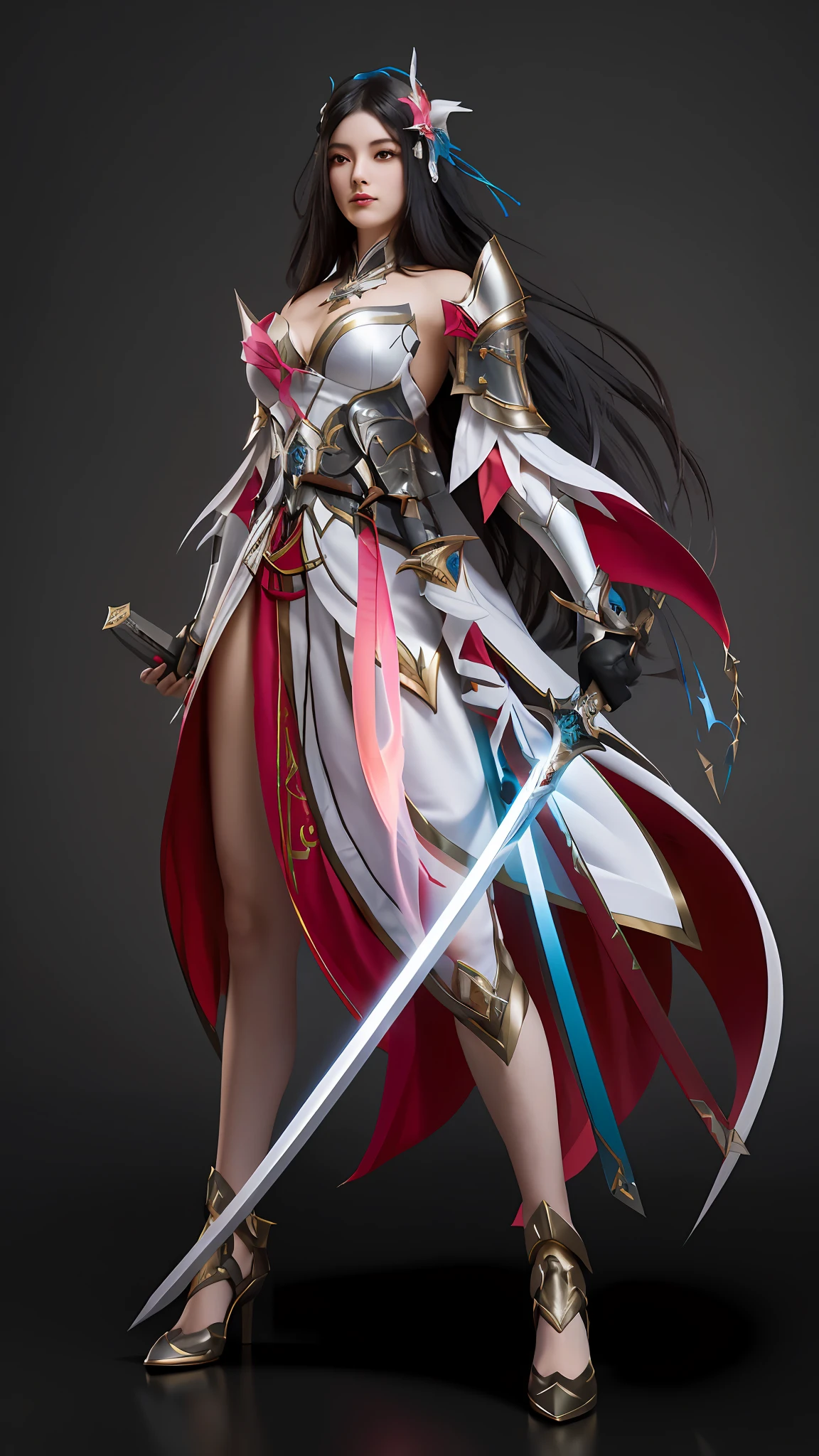 a close up of a woman in a dress holding a sword, Irelia from League of Legends, White and red armor, Irelia, render of mirabel madrigal, Ayaka Genshin impact, alluring elf princess knight, Keqing from Genshin Impact, she is holding a sword, 3 d render official art, Onmyoji detailed art