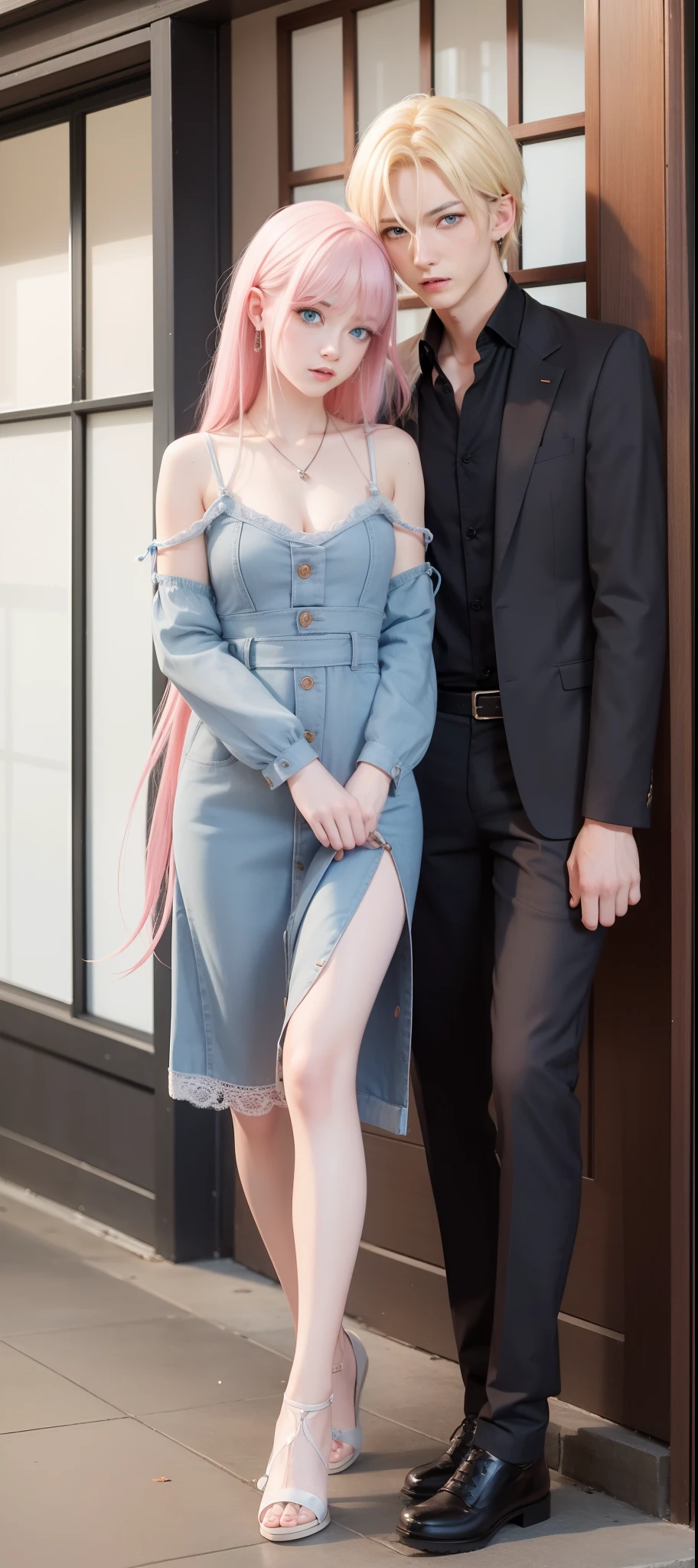 masterpiece, top-quality, 2Others, Male and female couples, 1 man and 1,, Adults, Height difference, different color, finely eye and detailed face, intricate detailes, Magician's attire, Inside the coffee shop, Hands on back, During the walk, A smile, Happiness, tenderness, youthfulness, high-level image quality、 Beautiful men and women、tall、window、nightfall、nighttime scene、𝓡𝓸𝓶𝓪𝓷𝓽𝓲𝓬、British men, Idol Photos, k pop, Professional Photos, Vampires, Fedoman with necklace, inspired by Sim Sa-jeong, androgynous vampire, :9 detailed face: 8, extra detailed face, detailed punk hair, ((asa)) baggy eyes, Seductive. Highly detailed, semi realistic anime, Vampires, hyperrealistic , delicate androgynous prince, imvu, short hair above the ears, Man with short hair, Woman with long hair, With a man with a glaring expression, Woman with a gentle expression, ((With an Englishman with short blonde hair and light blue eyes)), ((Woman with pretty long pink hair and light blue eyes)),