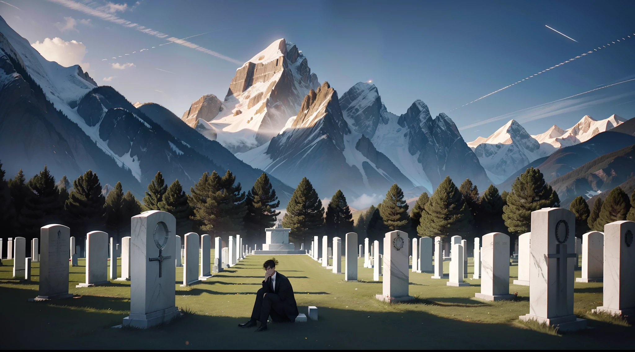 Cinema lenses，Large panoramic shooting，In the foreground is a silent cemetery，Many white marble tombstones were erected，Under the mountains in the distance，The city of the future is full of technology，Colorful light and shadow，There are some faint lights at night，A tall young man，Silently bow your head in front of the tombstone，