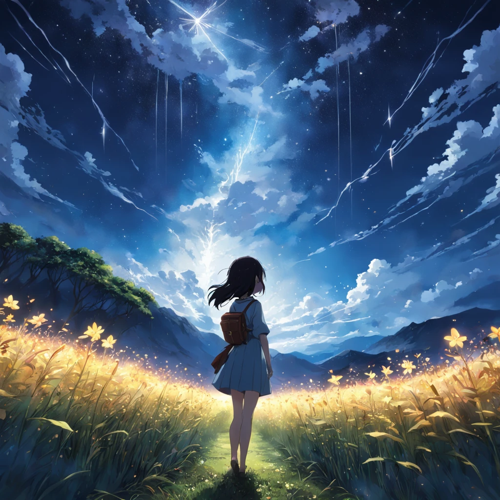 Makoto Shinkai, Expansive landscape photograph , (View from below，Displays the sky above and the clearing below), a girl standing on flower field looking up, (full moon:1.2), ( meteors:0.9), (Starcloud:1.3), Far Mountain, Tree BREAK Production Art, (Warm light source:1.2), (Firefly:1.2), lamp lights,