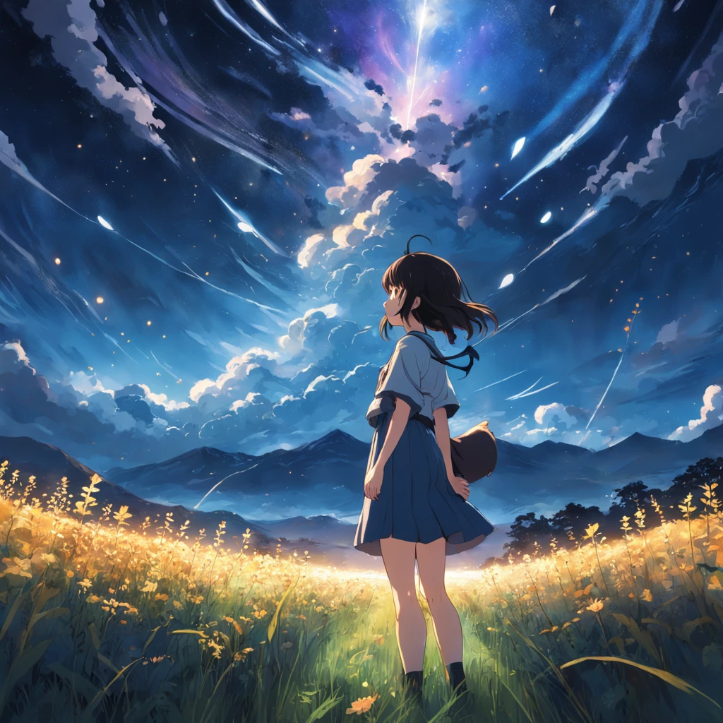 Makoto Shinkai, Expansive landscape photograph , (View from below,Displays the sky above and the clearing below), a girl standing on flower field looking up, (full moon:1.2), ( meteors:0.9), (Starcloud:1.3), Far Mountain, Tree BREAK Production Art, (Warm light source:1.2), (Firefly:1.2), lamp lights,