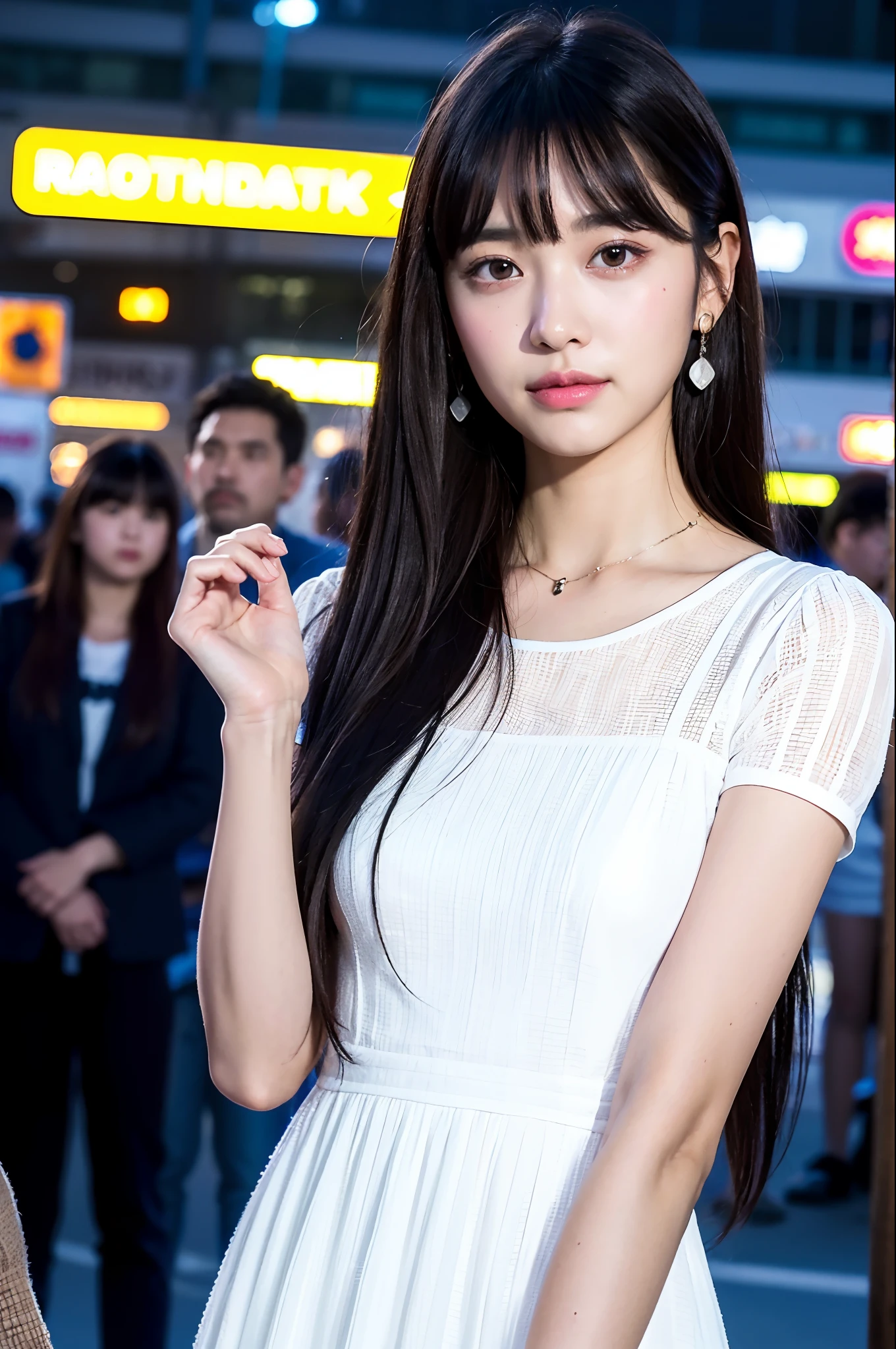 (8k, RAW photo, best quality, masterpiece:1.2), ultra detailed, ultra high res,
(realistic, photo realistic:1.37), high detail RAW color photo, professional photograph,
an extremely delicate and beautiful, extremely detailed, 8k wallpaper, Amazing, finely detail, huge file size, official art, extremely detailed CG unity 8k wallpaper,
extremely detailed beautiful girl, extremely detailed face, extremely detailed eyes, extremely detailed skin, extremely detailed fingers, extremely detailed nose, extremely detailed mouth, perfect anatomy, highly detailed background, extremely detailed clothing,
1girl, (18 years old:1.2), teenage, cute girl, famous japanese idol, kawaii,
(small breasts:1.2), realistic body, petite,
fair skin, shiny skin, slender body, good figure,
black hair, long straight hair, (blunt bangs:1.2),
smile, cute, young, cute face, baby face, realistic face,
beautifully detailed eyes, drooping eyes, beautiful big eyes, large dark eyes, beautiful and clear eyes,
(white dress:1.2), short sleeves, skirt, necklace, earrings,
looking at viewer, cowboy shot, front view, standing posture, contrapposto,
outdoors, (night:1.2), neon city, neon light, neon sign, public, crowd,
dynamic lighting, front lighting,