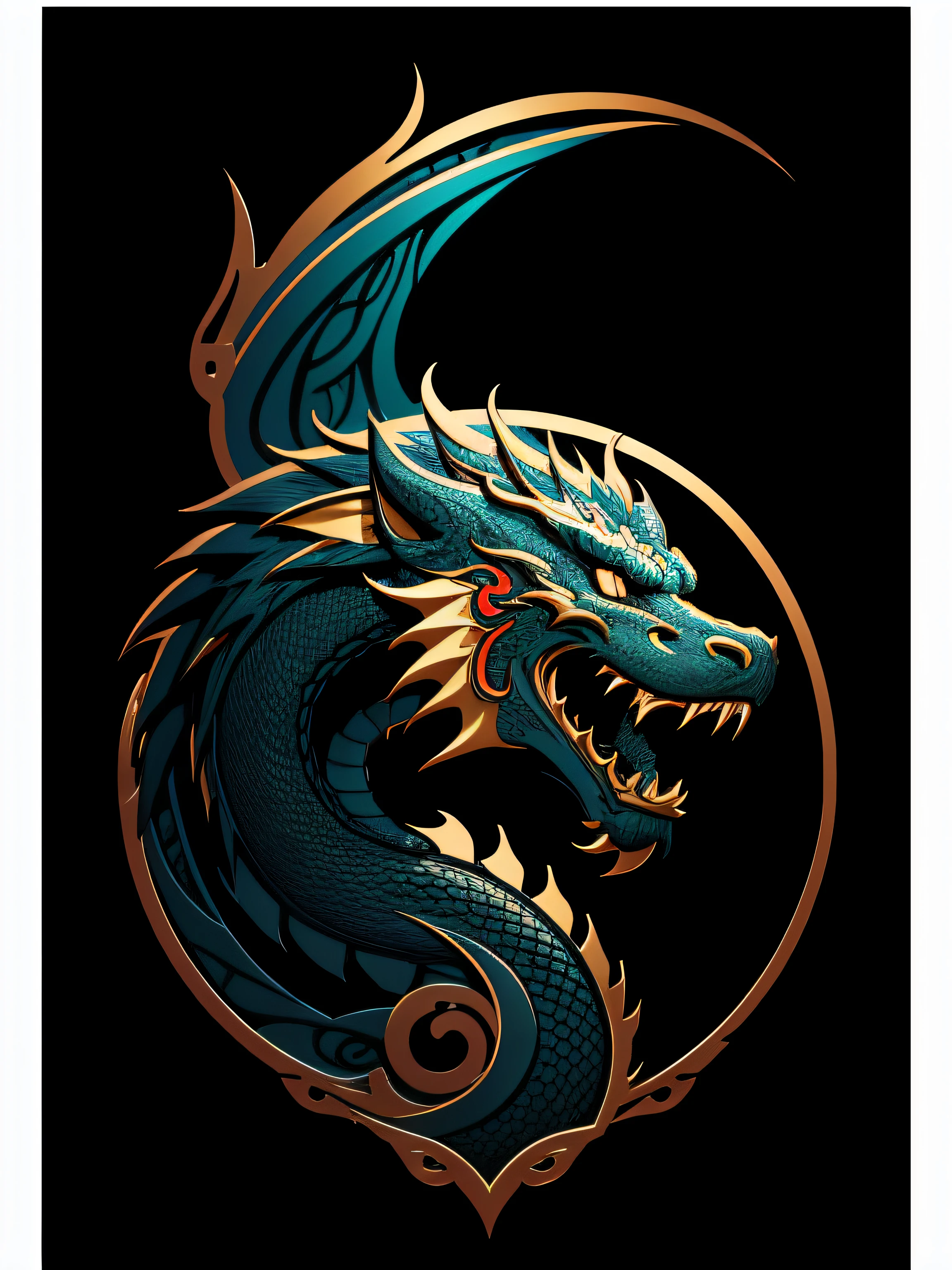 [chinese dragon] Heraldic silhouette, logo masking style illustration, by dan mumford, by greg rutkowski, by james jean, black background, mysterious, fantasy art, realistic, majestic, rich vibrant colors, high contrast, seamless water brand, artstation, deviantart, dribble, redbubble, teepublic, sharp focus, simple, hyper detailed, detailed drawing, vectorize, outline, isometric style, 8k."