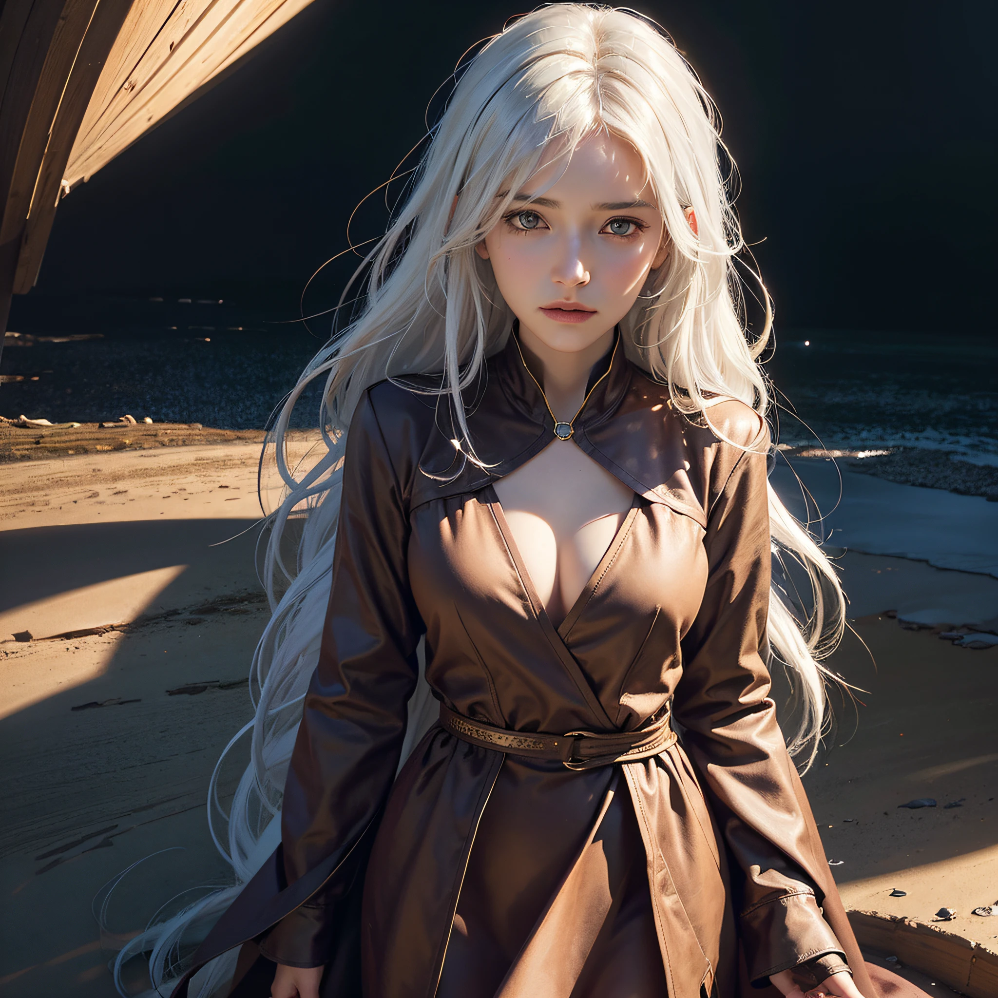 Hyperrealist portrait of female by david hockney and alphonse mucha,fantasy art, photo realistic, dynamic lighting, artstation, poster, volumetric lighting, very detailed faces, 4 k, award winning,, 1girl, in the dark, deep shadow, low key,cowboy shot,(official clothing:1.4) ,long hair,white hair,