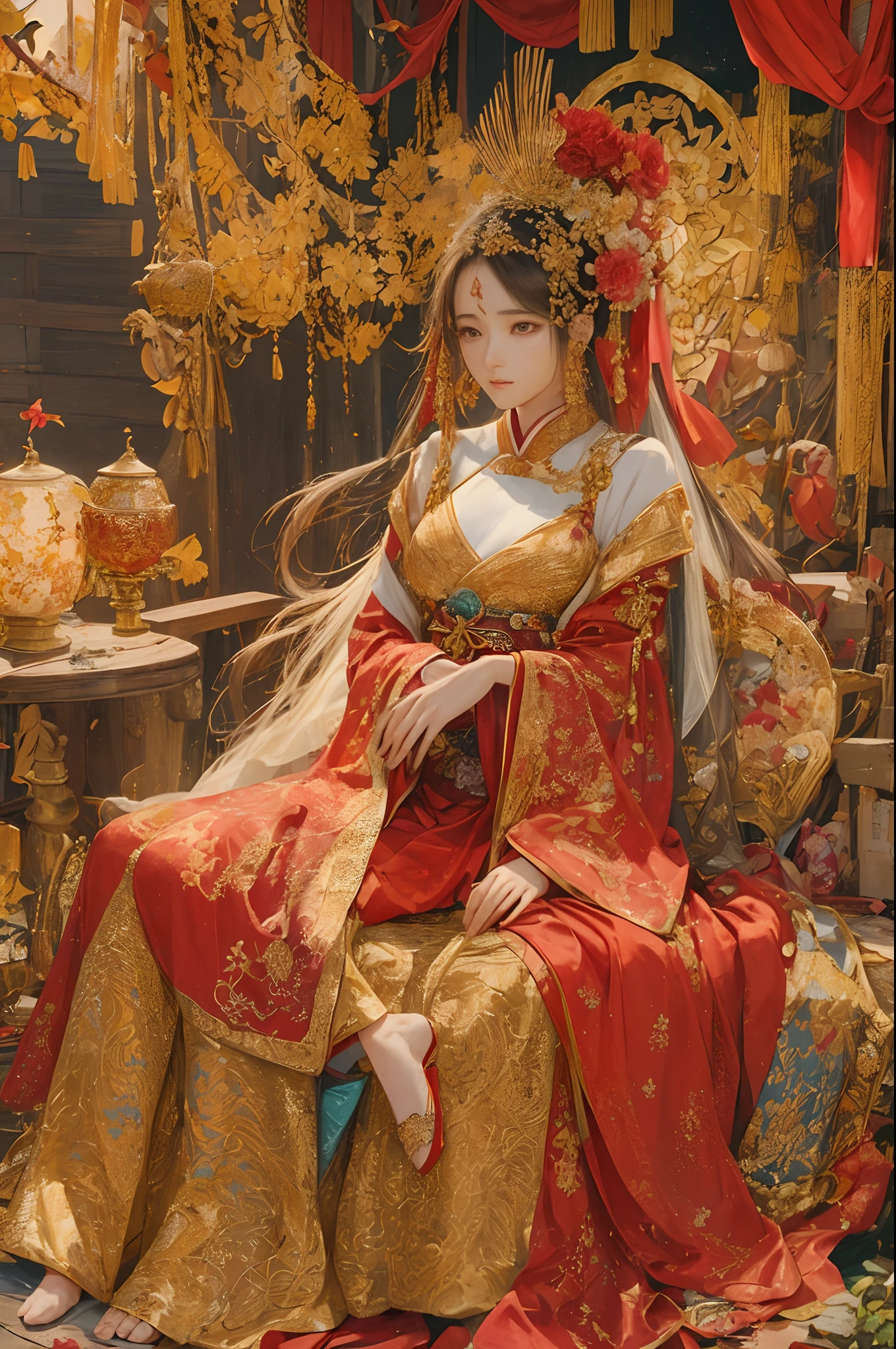 ((《Fashionab》MagazineCover)), Lots of words, (Marian Rivera), Ray tracing, ((Super vibrant)), Intricate details,Highly detailed,Perfect face, Slender, Thin, (Mature woman:1.2) ,Shiny skin, Narrow waist, skin indentation,  A woman sitting in a chair in Asian attire, In the style of floral punk, intricate clothing details, the Fujifilm X-T4, Red and gold, offcial art, Lev Lagorio, Anime art , Silk, Beautiful Hanfu, Gorgeous Hanfu, Multi-layer Hanfu, Multi-colored Hanfu, Colorful Hanfu, luxurious fabrics, gold leaves, ((Lots of fabrics)) , flowerpunk, (Red and gold, Qing dynasty, high-quality photo, Cult parties),  absurderes, A high resolution, Ultra detailed, (Ultra-detailed background, Detailed background), extremely detaile, 1girll, 20 years old,  zentangle:1.2, geomerty:1.2, Lots of words, Raised sexy,