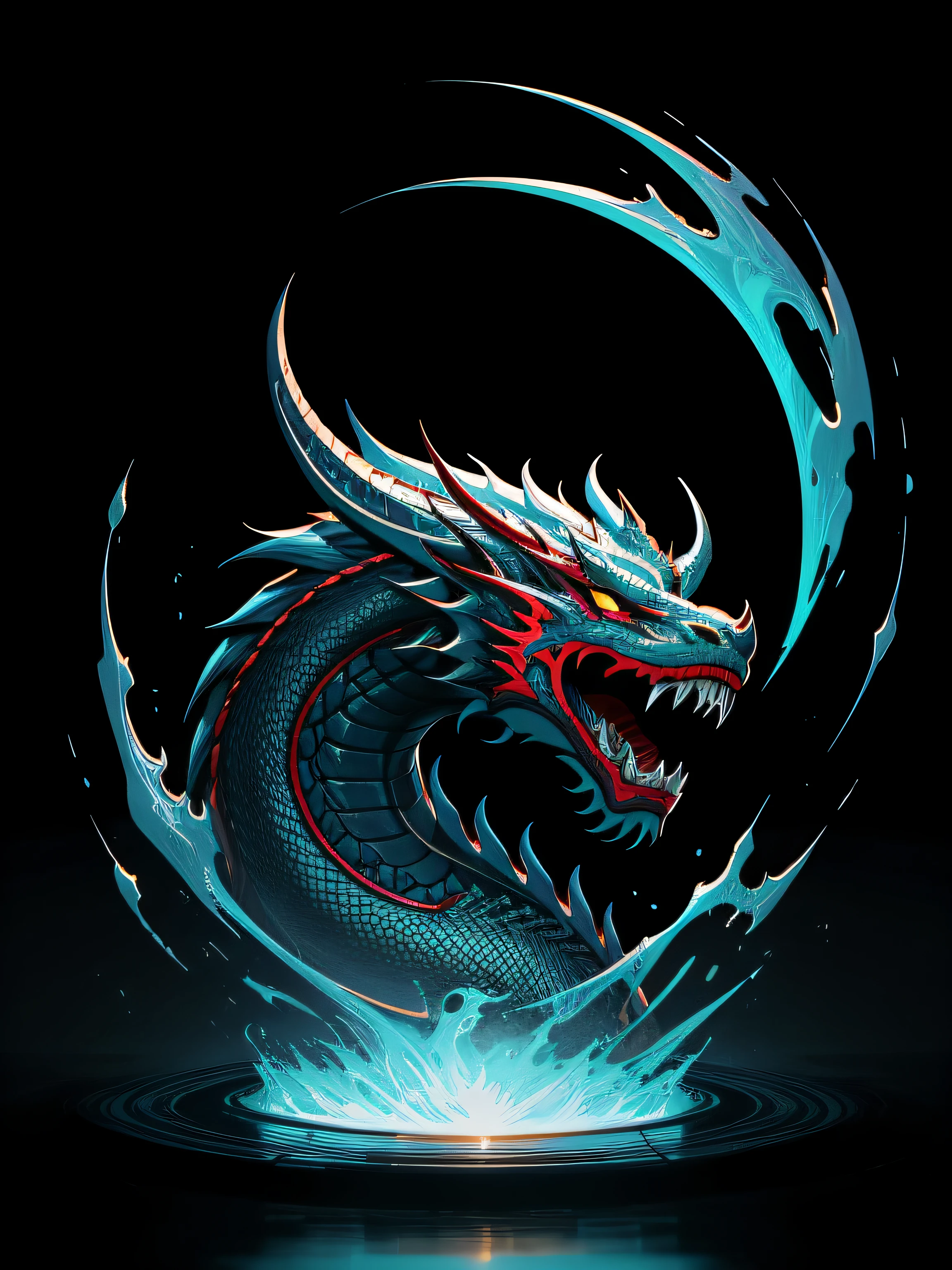 [chinese dragon] Heraldic silhouette, logo masking style illustration, by dan mumford, by greg rutkowski, by james jean, black background, mysterious, fantasy art, realistic, majestic, rich vibrant colors, high contrast, seamless water brand, artstation, deviantart, dribble, redbubble, teepublic, sharp focus, simple, hyper detailed, detailed drawing, vectorize, outline, isometric style, 8k."