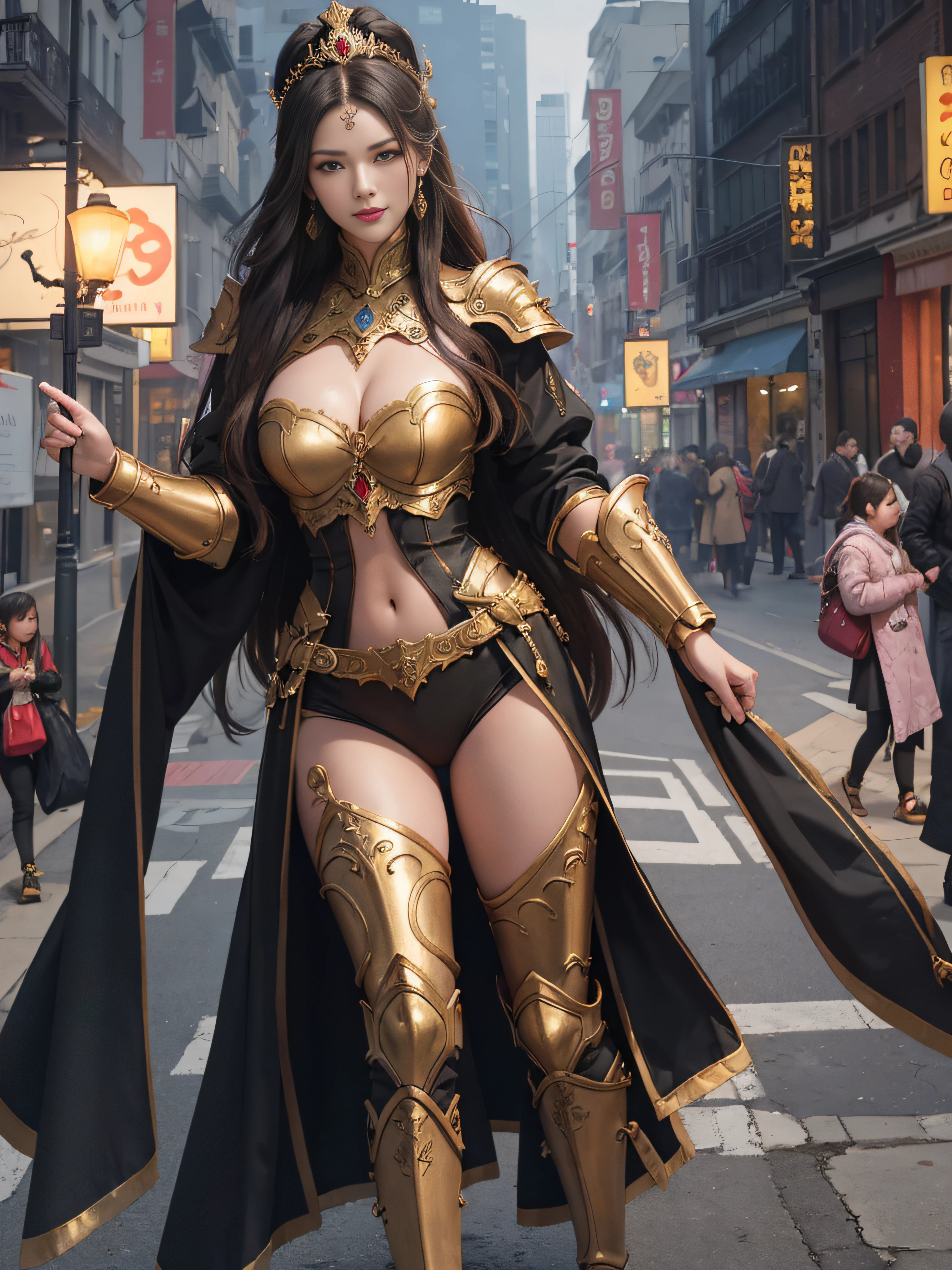 tmasterpiece，A high resolution,Absolutely beautiful，Oriental women，Eastern warriors，a mature female，Fine and detailed eyes and detailed face，Tall and tall，cruel grin，She wears armour，Full coverage of the armor，Armor pants，Armor boots，Show armor boots，Armails are richly decorated，Bright colors general， allure：（Tall：1.4），haughty，Mature temperament，（Wide buttock：1.4），（Thick thighs：1.4），Majesty，Rich scene detail，In the midst of the war，are standing，action