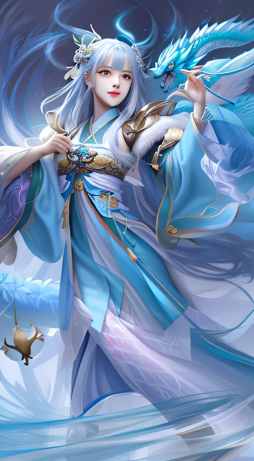 Top image quality，Inspiration is super detailed，Create cute creature masterpieces，Corgi，high detal，8K quality，Close-up of woman in blue dress，Holding the blue dragon in your hand，Artistic meticulousness，Artgerm，drak，white-haired god，onmyoji style，IG model，Yang J Art，onmyoji，Ruan Jia Art，heise jinyao。
