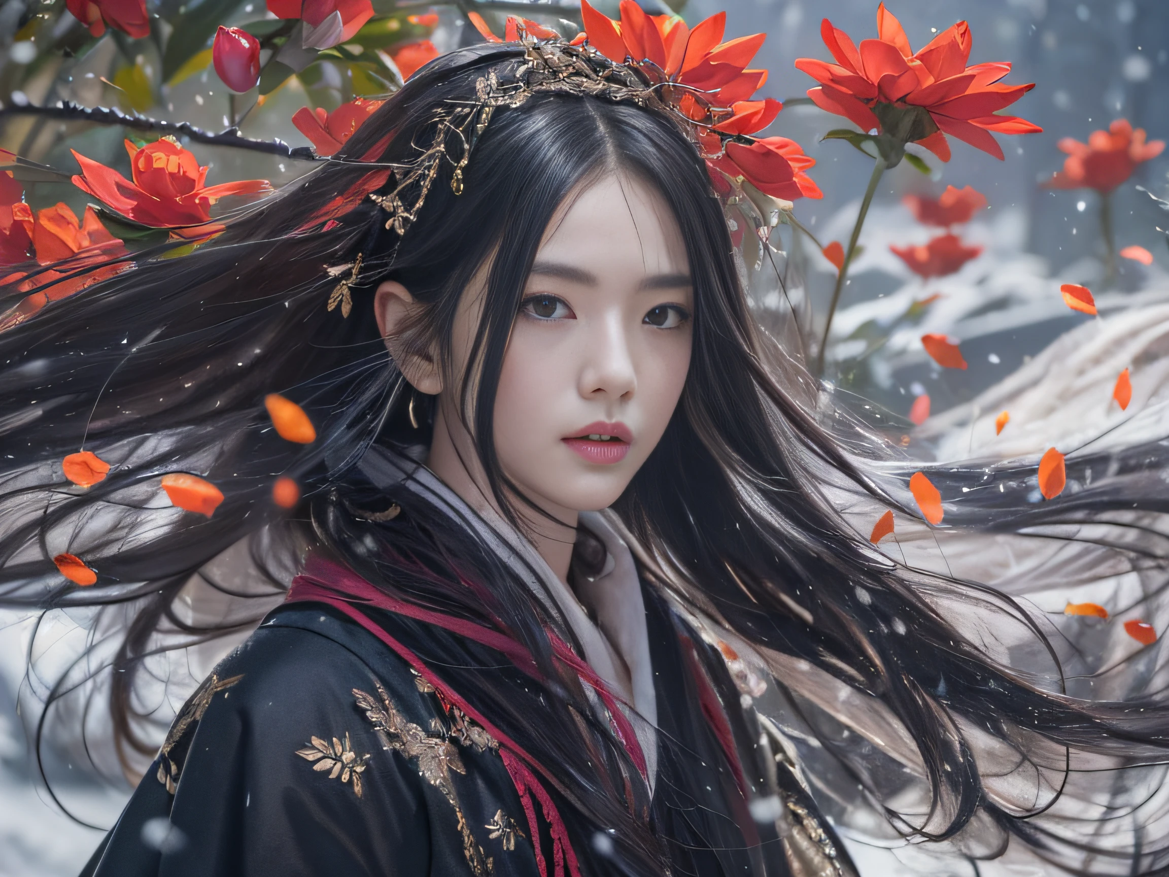 32K(tmasterpiece,k hd,hyper HD,32K)Long flowing black hair,Rockery,zydink, a color, Xuzhou people (Seduce girls), (Red scarf in the snow), jumping posture, long whitr hair, Floating hair, Carp pattern headdress, Chinese long-sleeved silver battle robe, (Abstract gouache splash:1.2), Pink petal background,Tulips flying(realisticlying:1.4),Black color hair,Fallen leaves flutter,The background is pure, A high resolution, the detail, RAW photogr, Sharp Re, Nikon D850 Film Stock Photo by Jefferies Lee 4 Kodak Portra 400 Camera F1.6 shots, Rich colors, ultra-realistic vivid textures, Dramatic lighting, Unreal Engine Art Station Trend, cinestir 800,Long flowing black hair,Transparent robe clothing