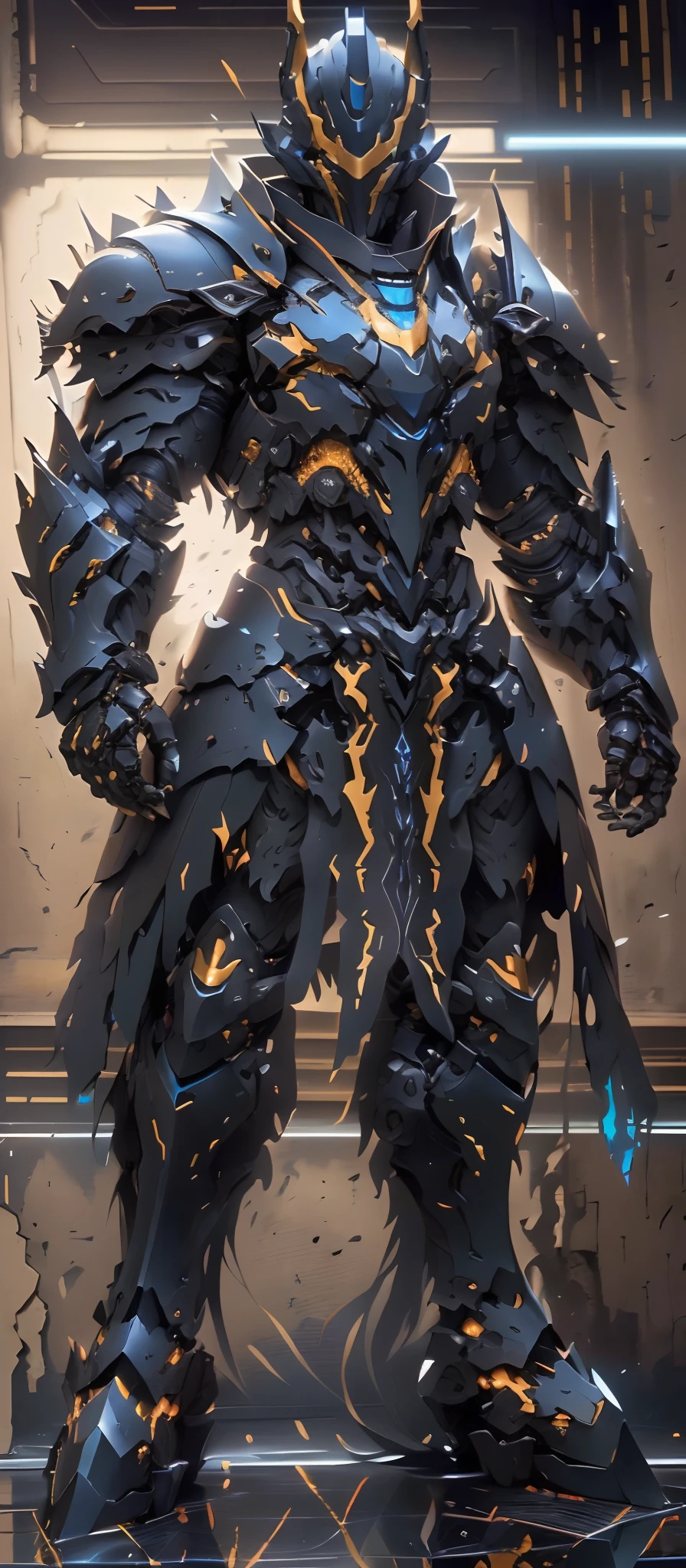 arafed knight in armor standing in a dark room with a sword, black fire color reflected armor, cyberpunk flame suit, berserk skullknight black armor, heavy metal armor, cybernetic flame armor, black heavy armor, corrupted armor, cybernetic fire armor, full body x-force outfit, heavy black obsidian armor, spiked scrap metal armor