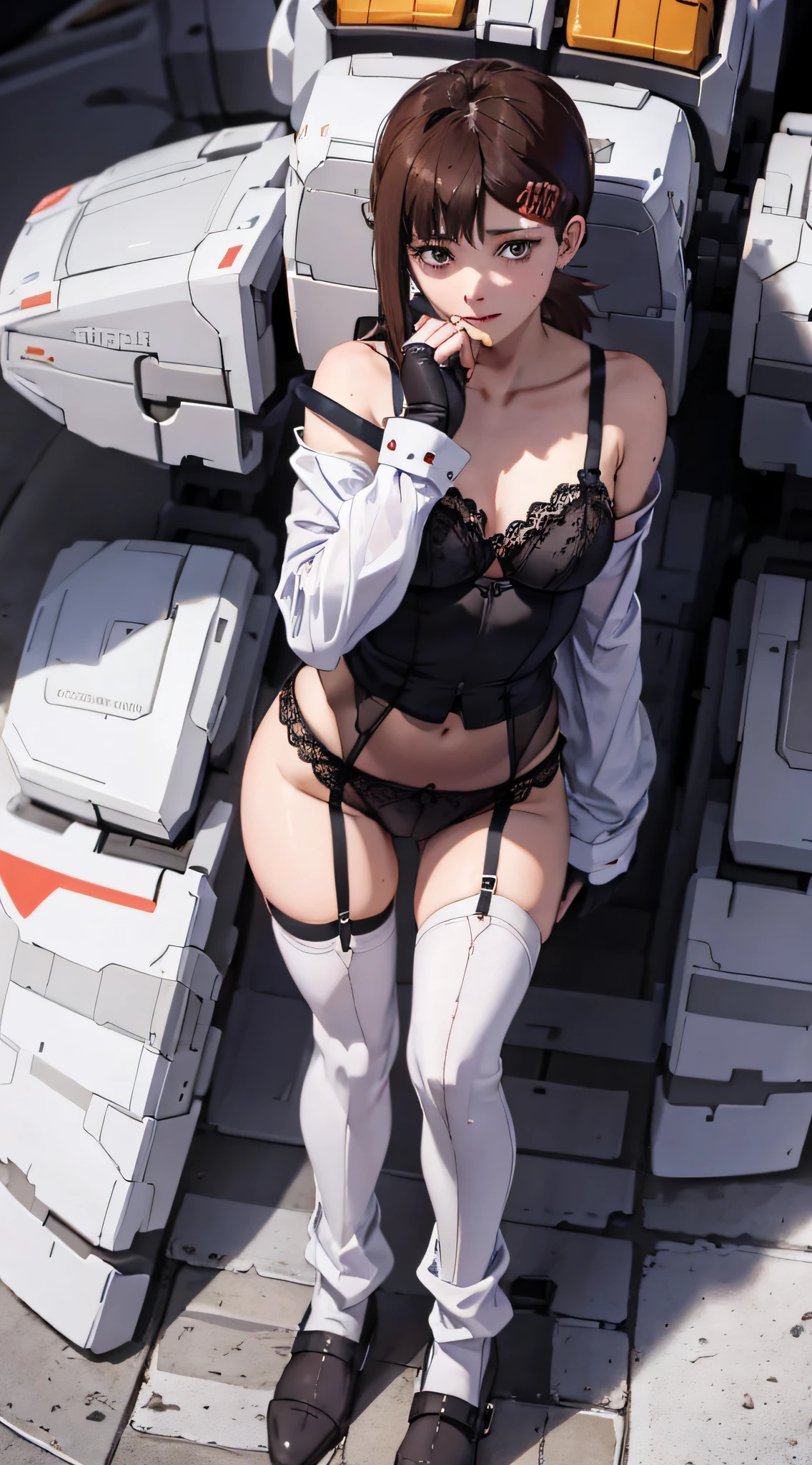 (1 girl in),(​masterpiece: 1.3), (Beautiful fece: 1.2), (hightquality: 1.2), (Fine details: 1.2), (beautidful eyes: 1.5), Portrait orientation, realisitic, 3D顔, (Bright eye: 1.1), shinny hair, shinny skin, Alone, embarrassed from, hason, brown haired, Black eyes, ,(an lingerie: 1.3), full body Esbian, Superior ???????,pretty pose,pretty hand