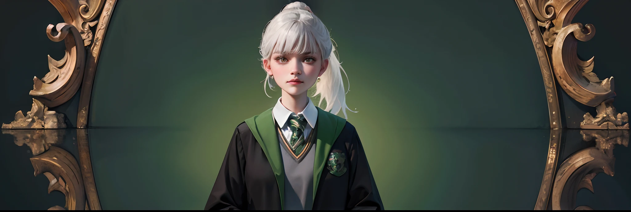 (hight resolution, Best Quality:1.2), brilliance, soft contour, a beautiful painting, Cowboy Shot, (masutepiece), 1girl in, Beautiful Girl, Hogwarts Background, Background of the magical world, Background inside the mansion, Shadow Window, Hogwarts Background, Black background, hogwarts school uniform, hogsks, Slytherin, Gray hair in a ponytail, Yellow eyes, Angry look, School Dress, Long skirt, Green tie, cool lady