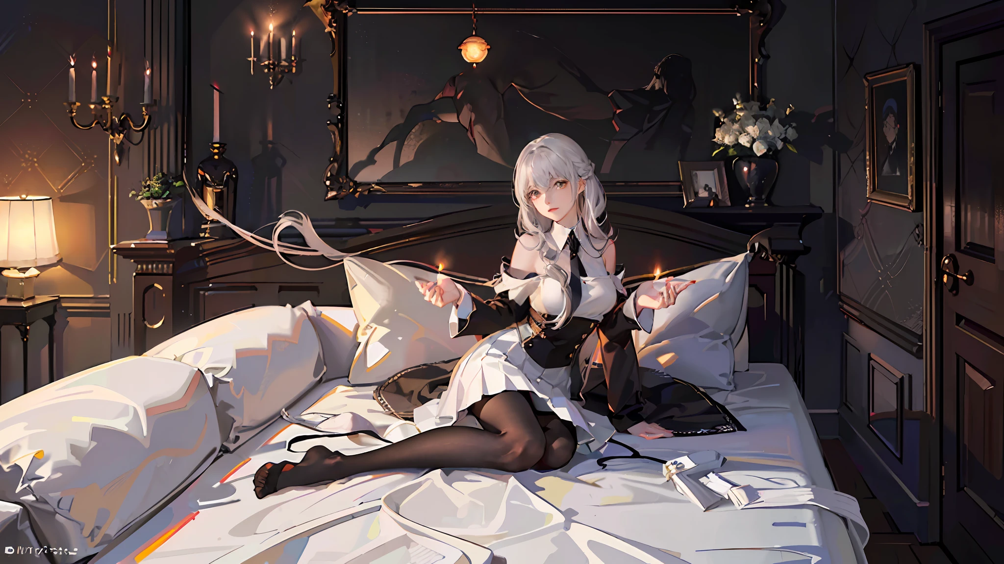 table top best image quality Super vivid portrait one woman((adult)) white long glove lunch)(gloves)) 白いstockingsランシュ)(stockings)) Wedding dress(Tube top) sexy sleep(laughter) The hair(hair(short-hair)(Wave) White hair eye color is blue wolf ears sleep on your back view from above on the bed