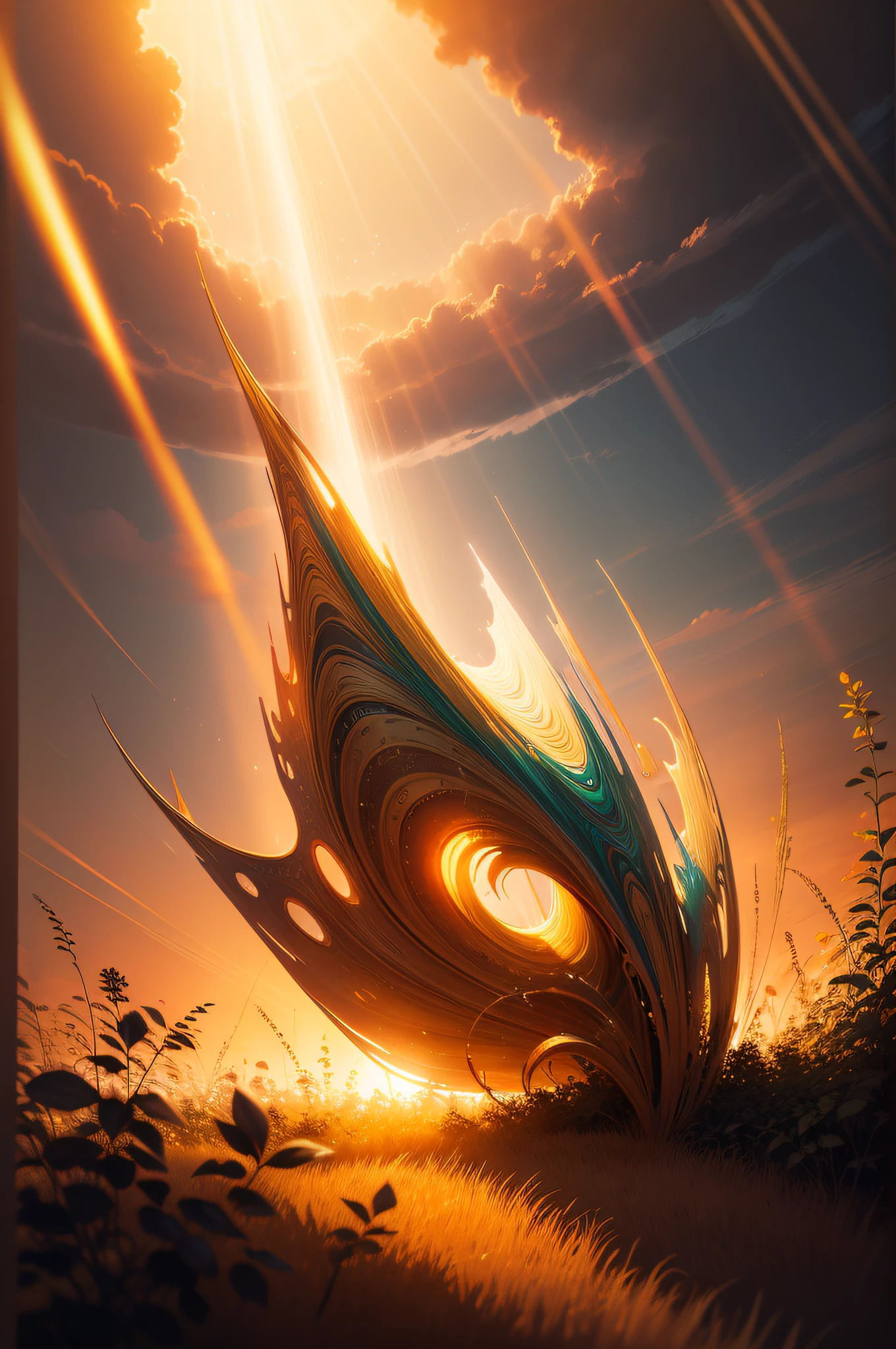 Quick sketch in thick metallic brushstrokes of a (golden garden), golden hour swirling sunbeams godrays of light at sunset in the garden,artistic dripping glossy metallic gauche painting, fantasy elements in a multicolored holographic paintscape