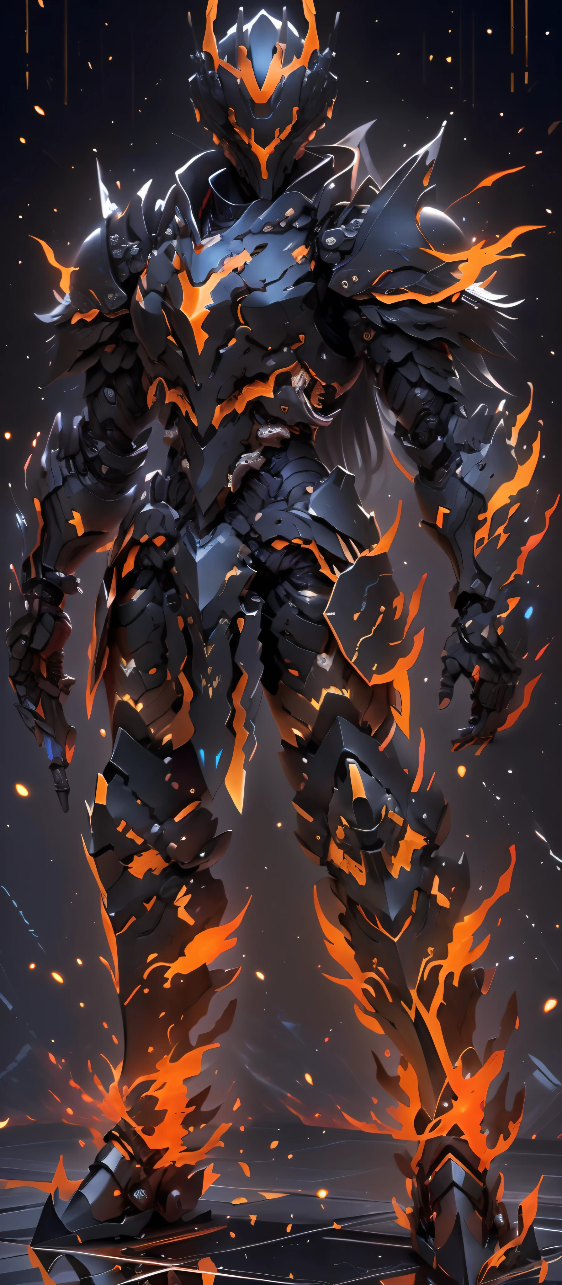arafed knight in armor standing in a dark room with a sword, black fire color reflected armor, cyberpunk flame suit, berserk skullknight black armor, heavy metal armor, cybernetic flame armor, black heavy armor, corrupted armor, cybernetic fire armor, full body x-force outfit, heavy black obsidian armor, spiked scrap metal armor