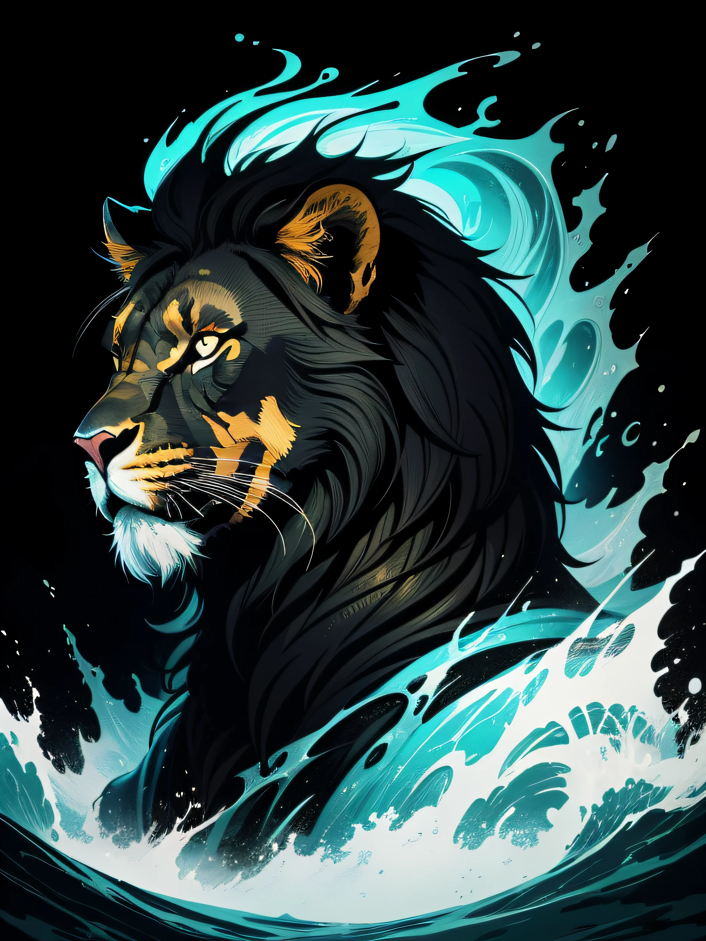 [lion] Heraldic silhouette, logo masking style illustration, by dan mumford, by greg rutkowski, by james jean, black background, mysterious, fantasy art, realistic, majestic, rich vibrant colors, high contrast, seamless water brand, artstation, deviantart, dribble, redbubble, teepublic, sharp focus, simple, hyper detailed, detailed drawing, vectorize, outline, isometric style, 8k."