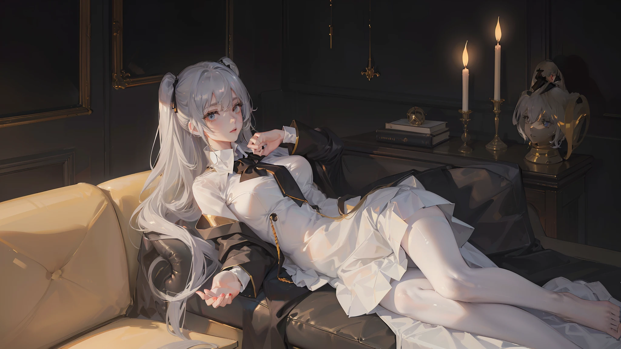 (((Half naked anime girl lying on sofa undressing with her hands,,Hands on the upper and lower legs of the naked body,black uniforms,black reotard,Primetime light and shadow black pantyhose)),Ray tracing,(Dim lighting,luz de velas,waxy candles),[Detailed background (Bedroom)),((Silver hair)),((Dark hair)),(((Fluffy silver hair, plump and slender girl)))golden hair,Golden Eyes Avoid seeing golden eyes in an ominous bedroom ((((Girl in white shirt, Take off your black crinkled skirt,Prime hour light and shadow,