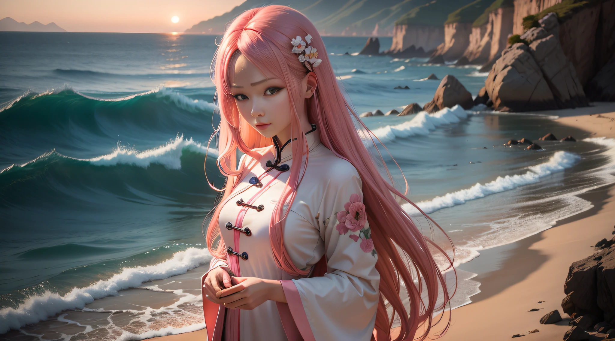 32K resolution,A pink-haired,Slim fingers,Realisticstyle,Holding the camera in hand,evening light,Delicate Chinese face shape,Have by the sea,Wear long hair