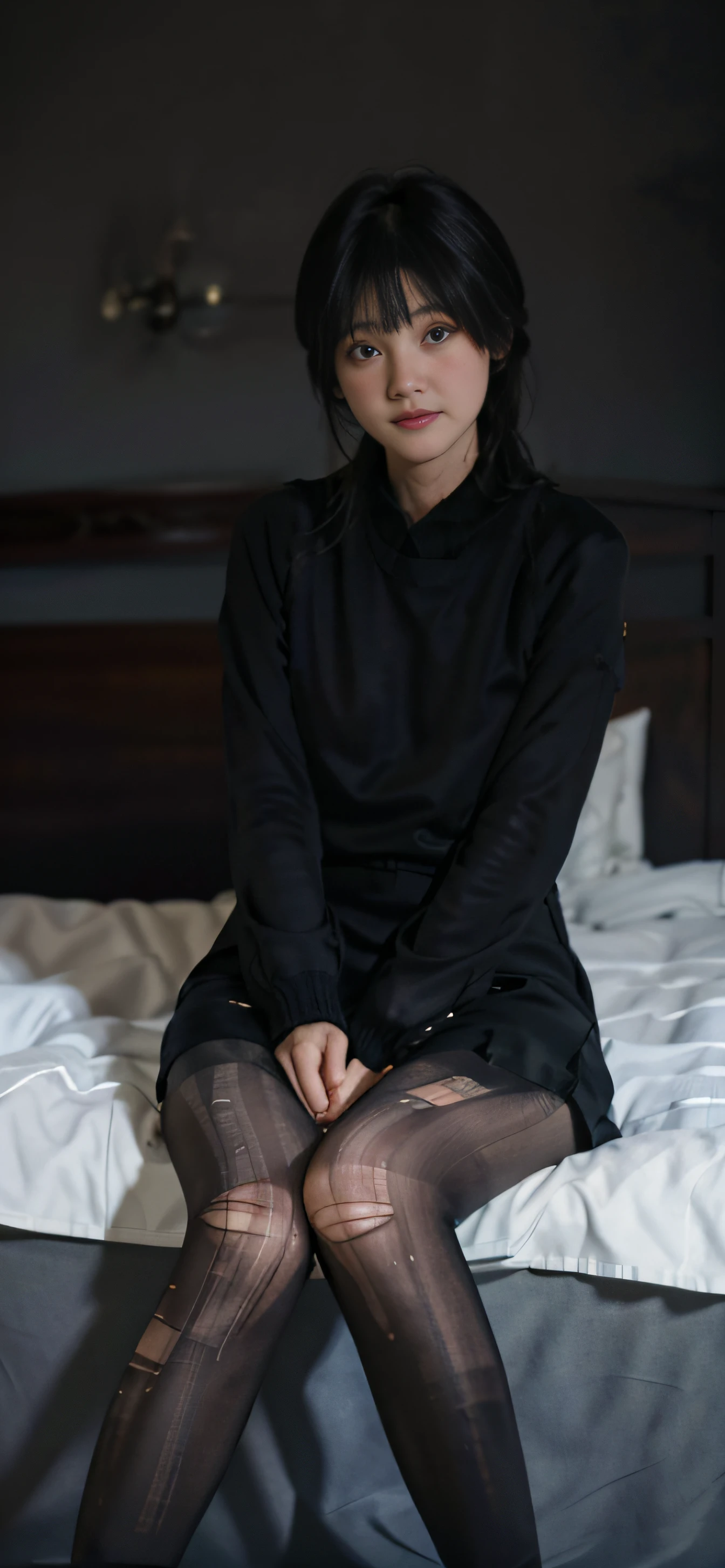 Masterpiece, Best quality, Realistic, 8K, offcial art, Cinematic light, 超高分辨率, 1girll, Sweater dress, Torn pantyhose, crouched, In bed, Sunlight, view the viewer, Leg focus,