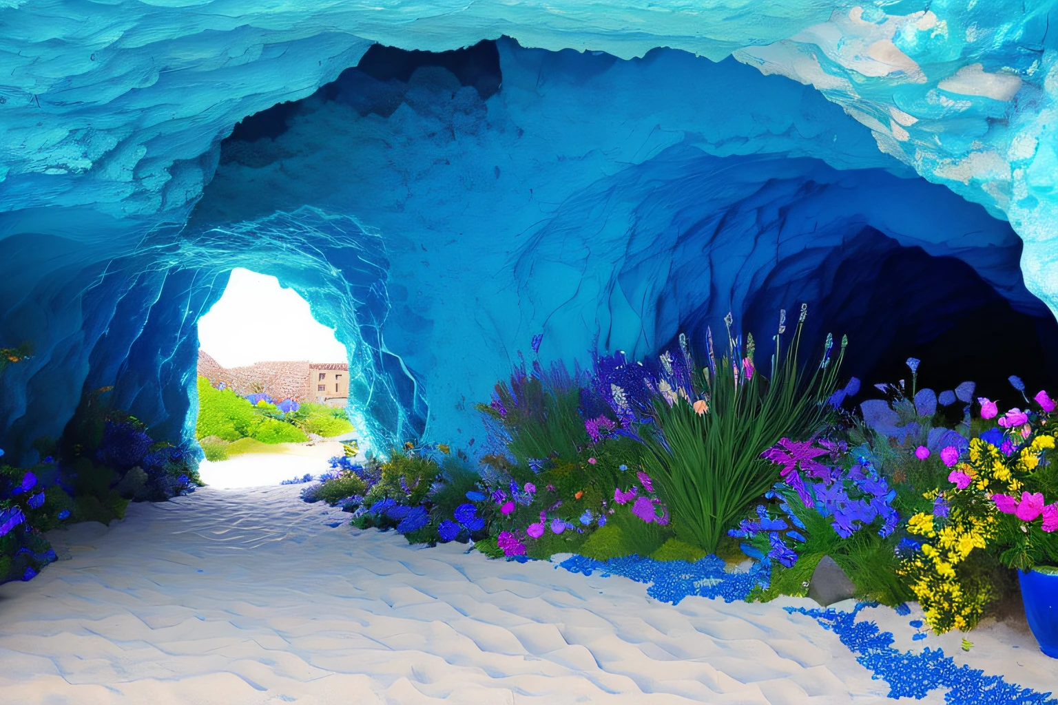 Inner cave, Cobalt Blue Ocean, fleurs, Village