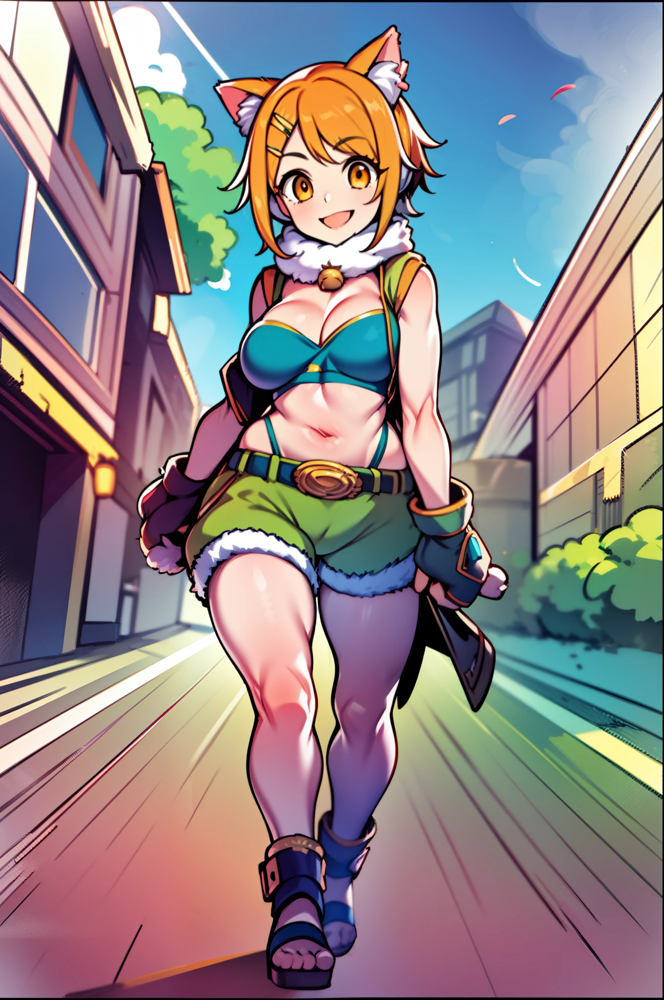 thrust one's right hand forward,orange hair, short hair, orange eyes, girl with cat ears, green bandeau, light orange shorts, light brown small vest,belt, cat paw gloves, high quality, top quality, town, city, western castle, blue sky, smile, cute, :d,huge breast, tall girl, walking,full body, flipflops