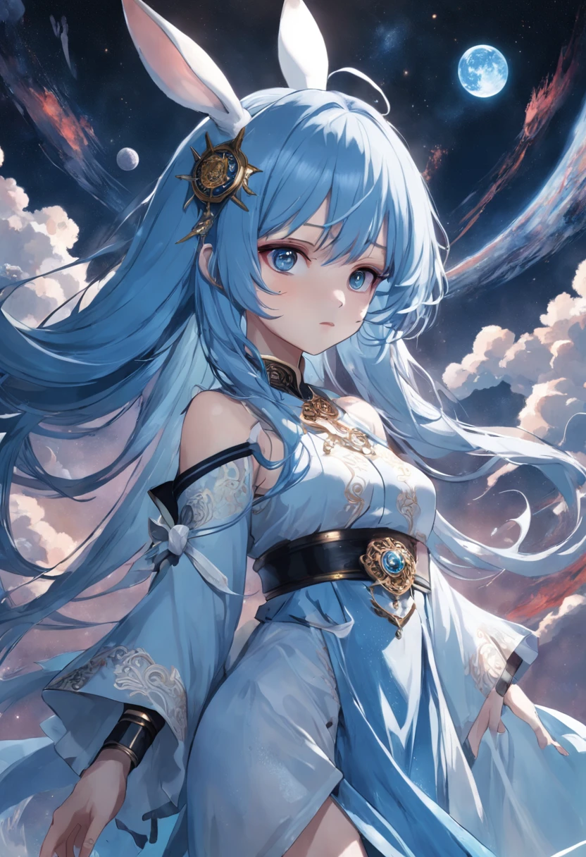 (first person perspective, in a panoramic view,magic realism,surrealism,Chiaroscuro, anime illustration:1.5,,Masterpiece, hyper HD, Super detail, High details, Best quality, A high resolution, A high resolution, Award-Awarded, Award-Awarded, Anatomically correct, 8K),(Delicate anime girl:1.5,blue hairs,Rabbit-shaped headdress:1.5,Gaze at the human moon:1.5,There is a huge satellite suspended in space,A brilliant nebula in the background:1.5),( Chic girl,anatomy correct,Cinematic lighting,senior color matching,Dark background),(Side close-up of 1 delicate girl),(Anime girl with blue hair and blue and white dress:1.2,palaces,hanfugirl,Rabbit-shaped headdress:1.5,Gaze at the top left corner:1.5),(Guviz-style artwork,Guvitz,inspired by Leng Mei,Inspired by Lee Mei Shu,Popular on CGstation,Inspired by Ai Xuan,Blue and white Hanfu,a beautiful fantasy empress:1.5),(A flowing dress,conservative girl,cloud goddess,Flowing blue and white patterned fabric,wearing flowing dress,Realistic)