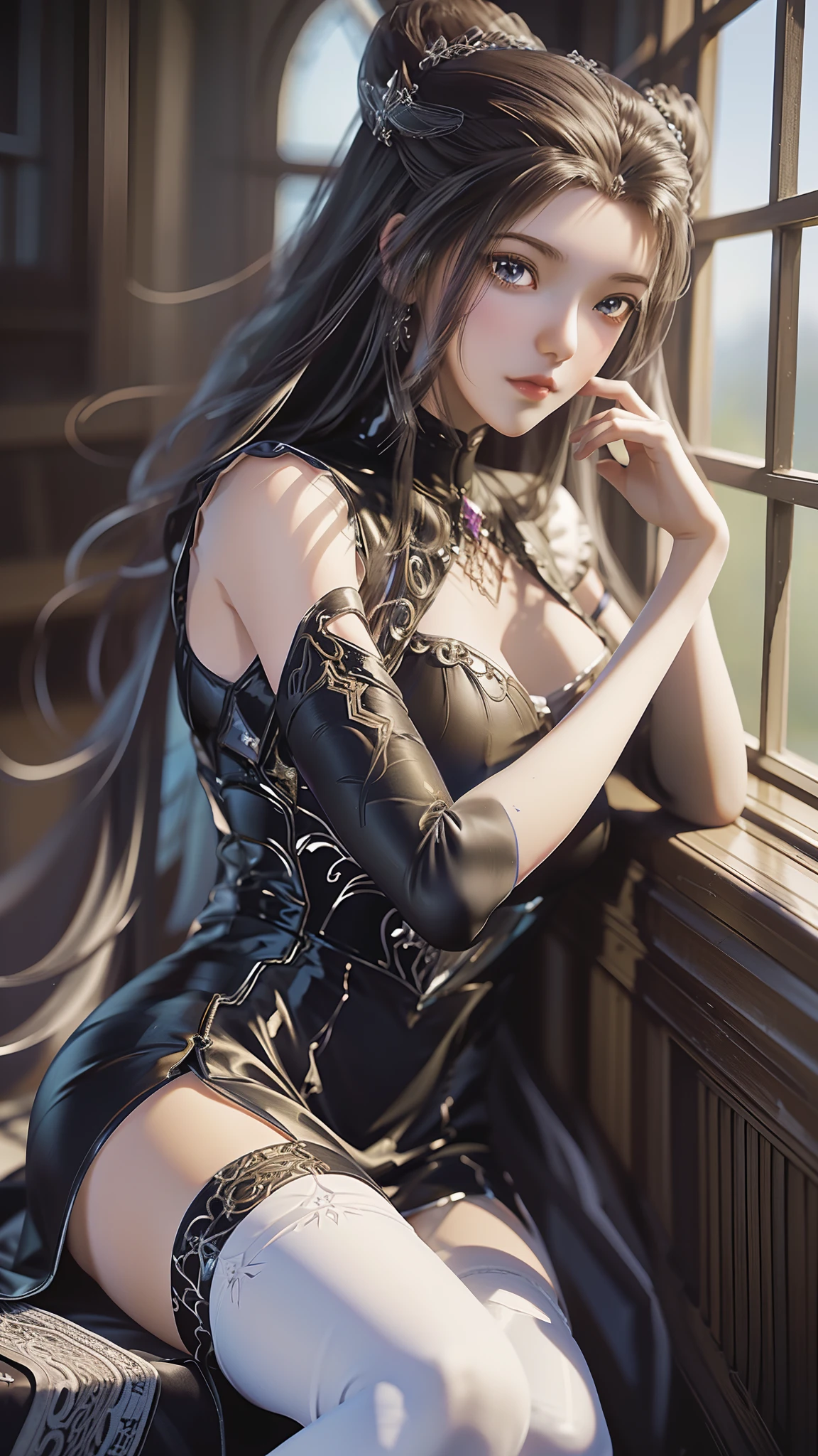 Arad woman in dress sitting on windowsill, cute anime waifu in a nice dress, trending on cgstation, 8K high quality detailed art, anime barbie in white stockings, highly detailed exquisite fanart, Extremely detailed Artgerm, the anime girl is crouching, flowing magical robe, beautiful and seductive anime woman, WLOP and Sakimichan