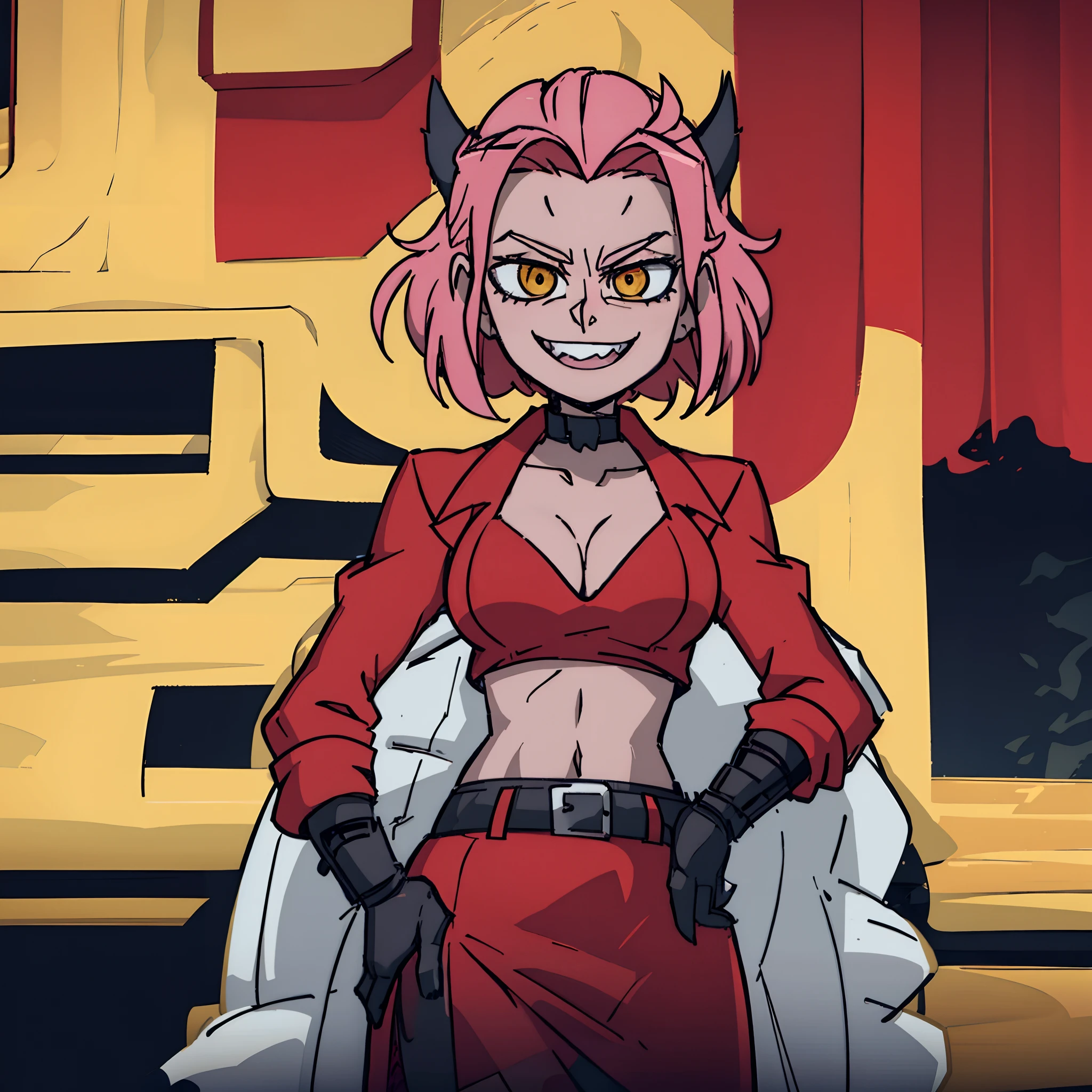 Best quality, highest resolution, whole picture, 1 girl, solo, short pink hair, office red dress, yellow eyes, jagged teeth, hands on own hips, red high-heels, smiling