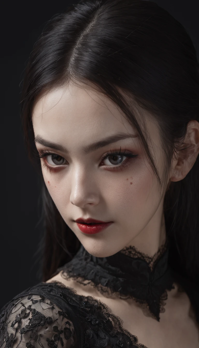 Masterpiece, best quality, 1 girl, solo,(natural skin texture, realistic black eyes and facial details :5),(Dark :1.4), Deep shadows, extremely detailed beauty, detailed eyes and face, sharp black eyes, red lipstick, no black eyeliner, detailed Goth costume, Ponytail, black hair, Nikon d850 film, Surreal, realistic textures, dramatic, lighting, Unreal Engine, (facial definition :1.5), (transparent dress :1.1) Gothic style, black lace, (tattoo: 1.6)