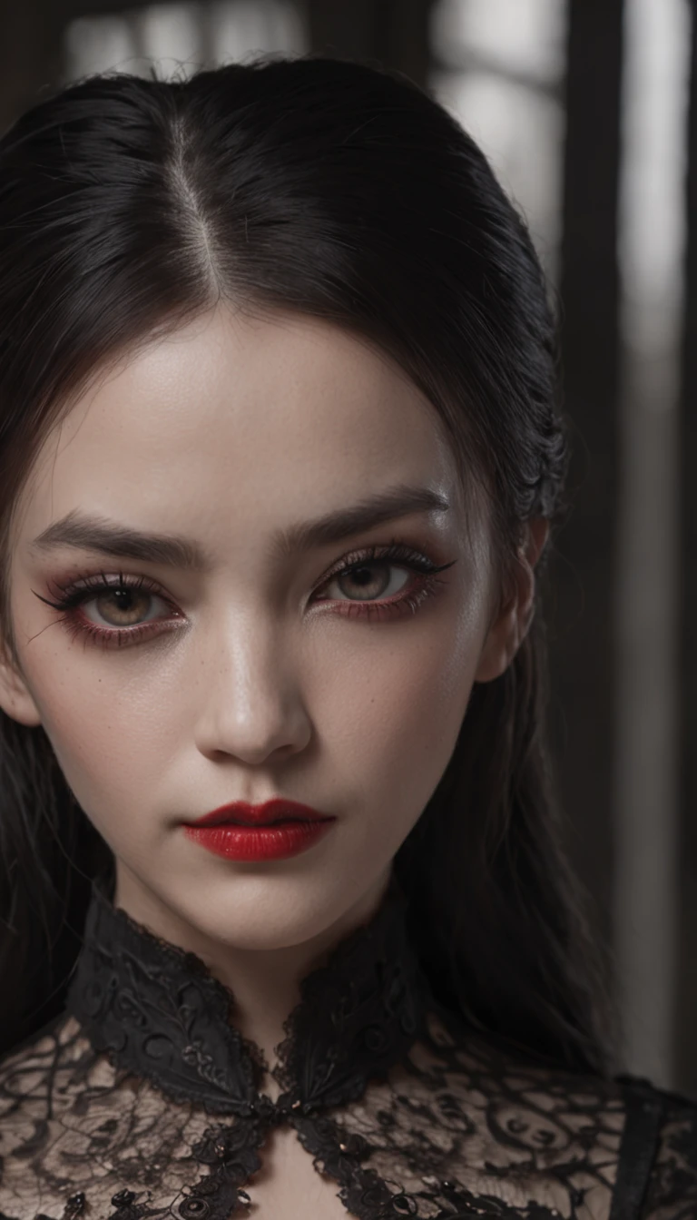 Masterpiece, best quality, 1 girl, solo,(natural skin texture, realistic black eyes and facial details :5),(Dark :1.4), Deep shadows, extremely detailed beauty, detailed eyes and face, sharp black eyes, red lipstick, no black eyeliner, detailed Goth costume, Ponytail, black hair, Nikon d850 film, Surreal, realistic textures, dramatic, lighting, Unreal Engine, (facial definition :1.5), (transparent dress :1.1) Gothic style, black lace, (tattoo: 1.6)