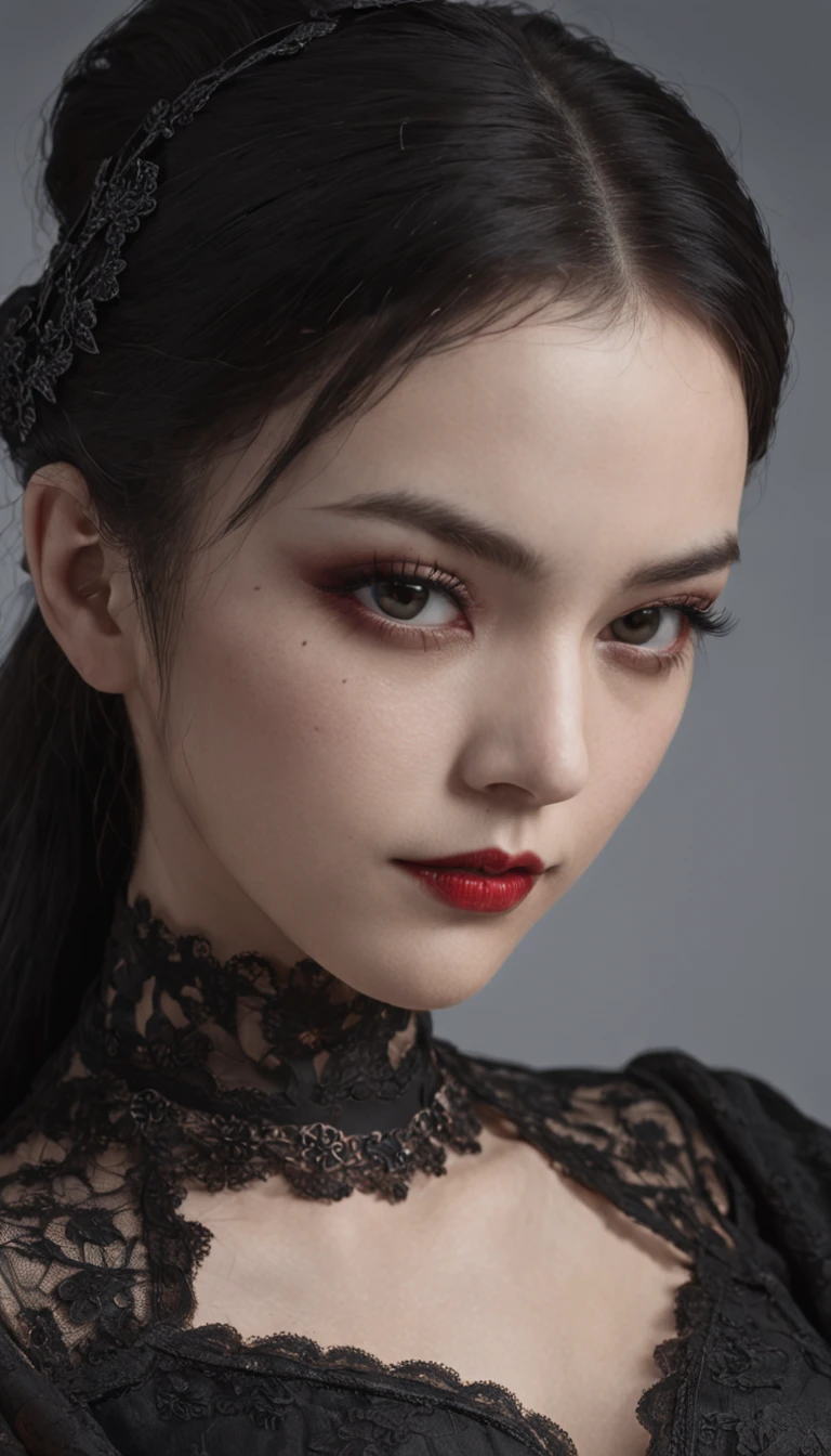 Masterpiece, best quality, 1 girl, solo,(natural skin texture, realistic black eyes and facial details :5),(Dark :1.4), Deep shadows, extremely detailed beauty, detailed eyes and face, sharp black eyes, red lipstick, no black eyeliner, detailed Goth costume, Ponytail, black hair, Nikon d850 film, Surreal, realistic textures, dramatic, lighting, Unreal Engine, (facial definition :1.5), (transparent dress :1.1) Gothic style, black lace, (tattoo: 1.6)