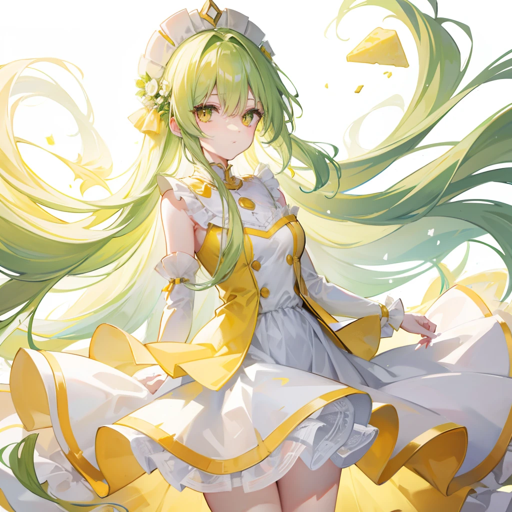 Long cream green hair，Wearing a yellow and white cheese suit，A graceful and dignified girl